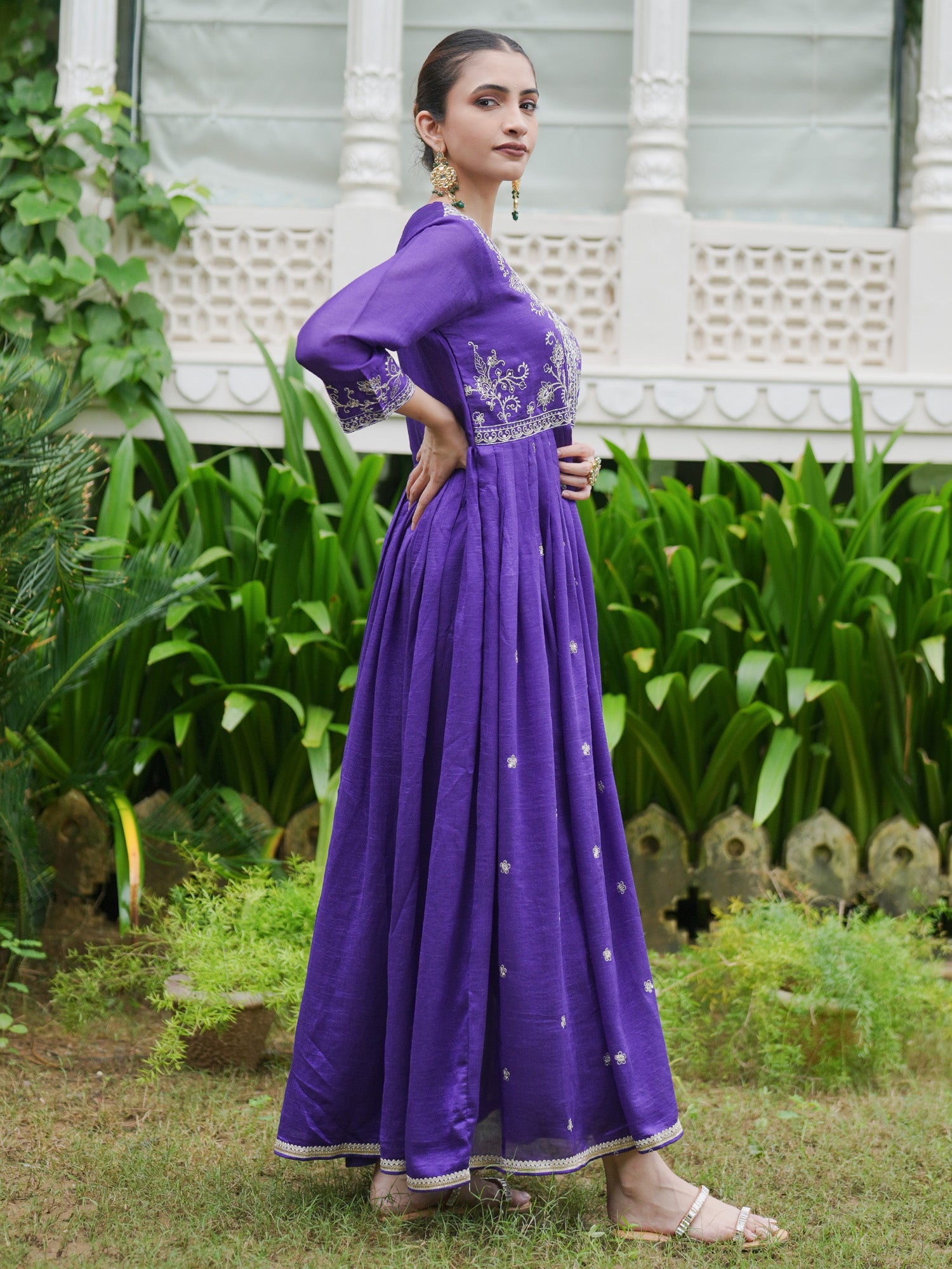 Women Purple Embroidered A-Line Kurta Trousers set