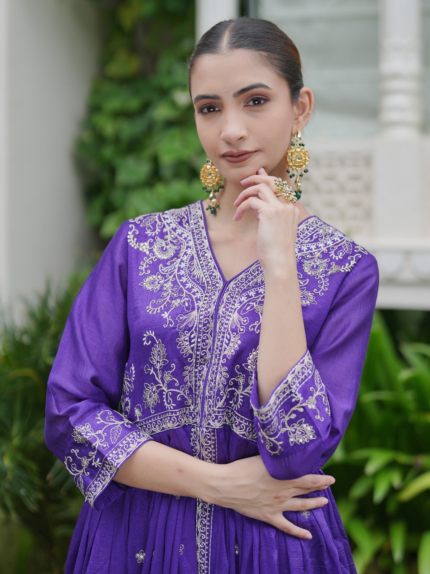 Women Purple Embroidered A-Line Kurta Trousers set