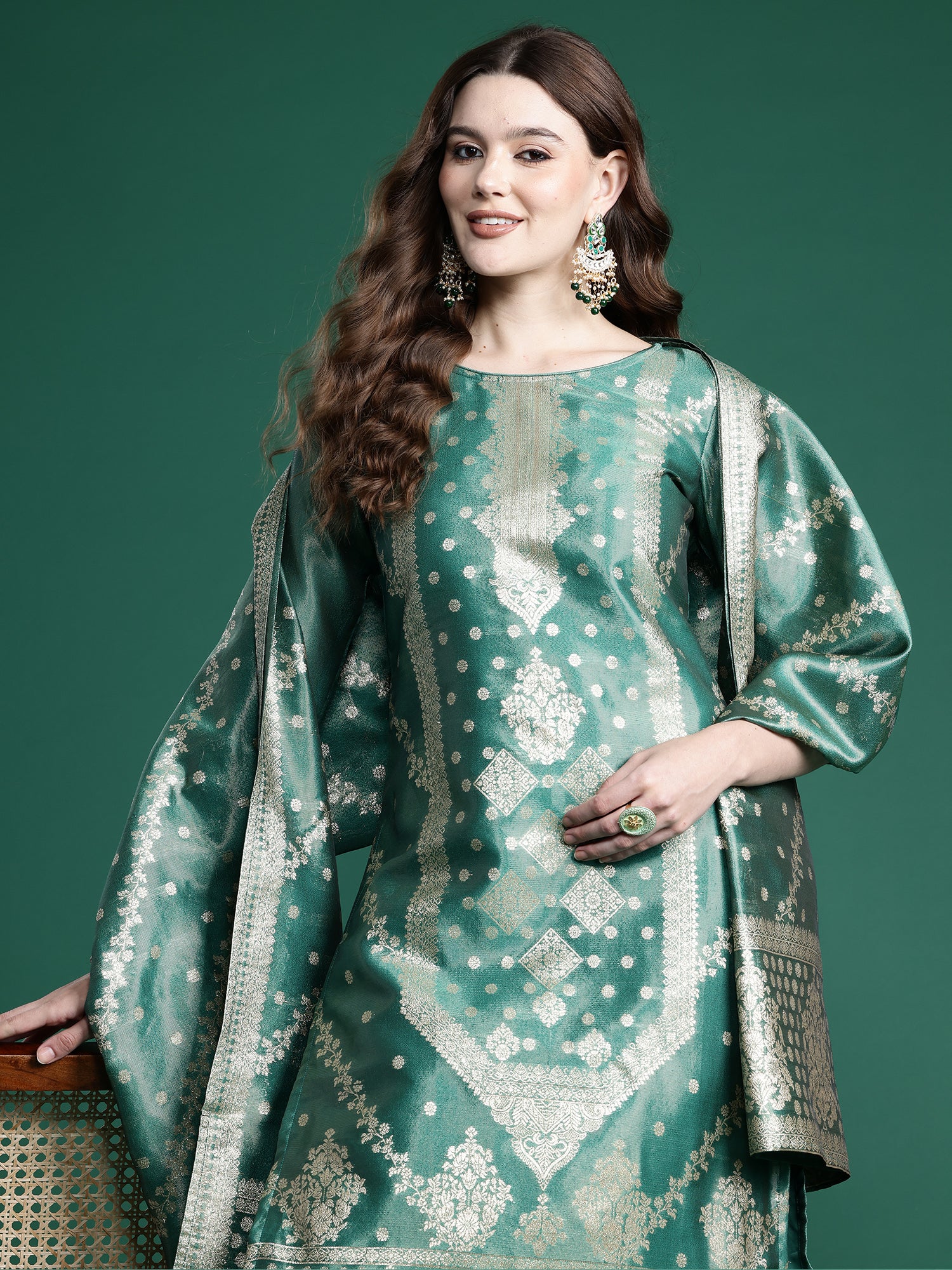 Women Green  Straight Kurta Trousers With Dupatta Set