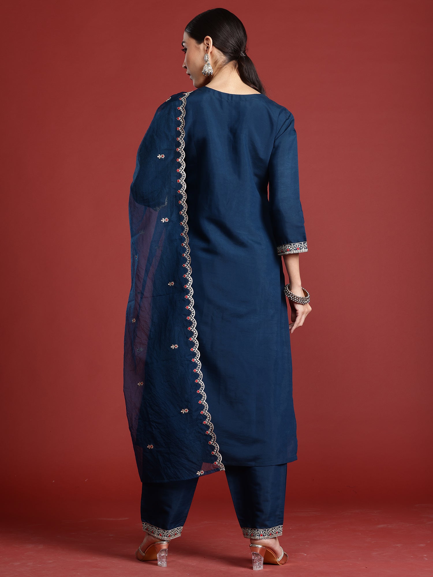 Women Teal Embroidered Straight Kurta Trousers With Dupatta Set