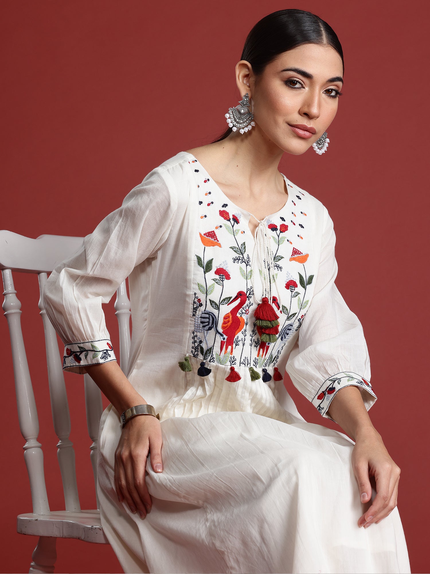 Women Off White Embroidered A-Line Kurta Trousers  Set
