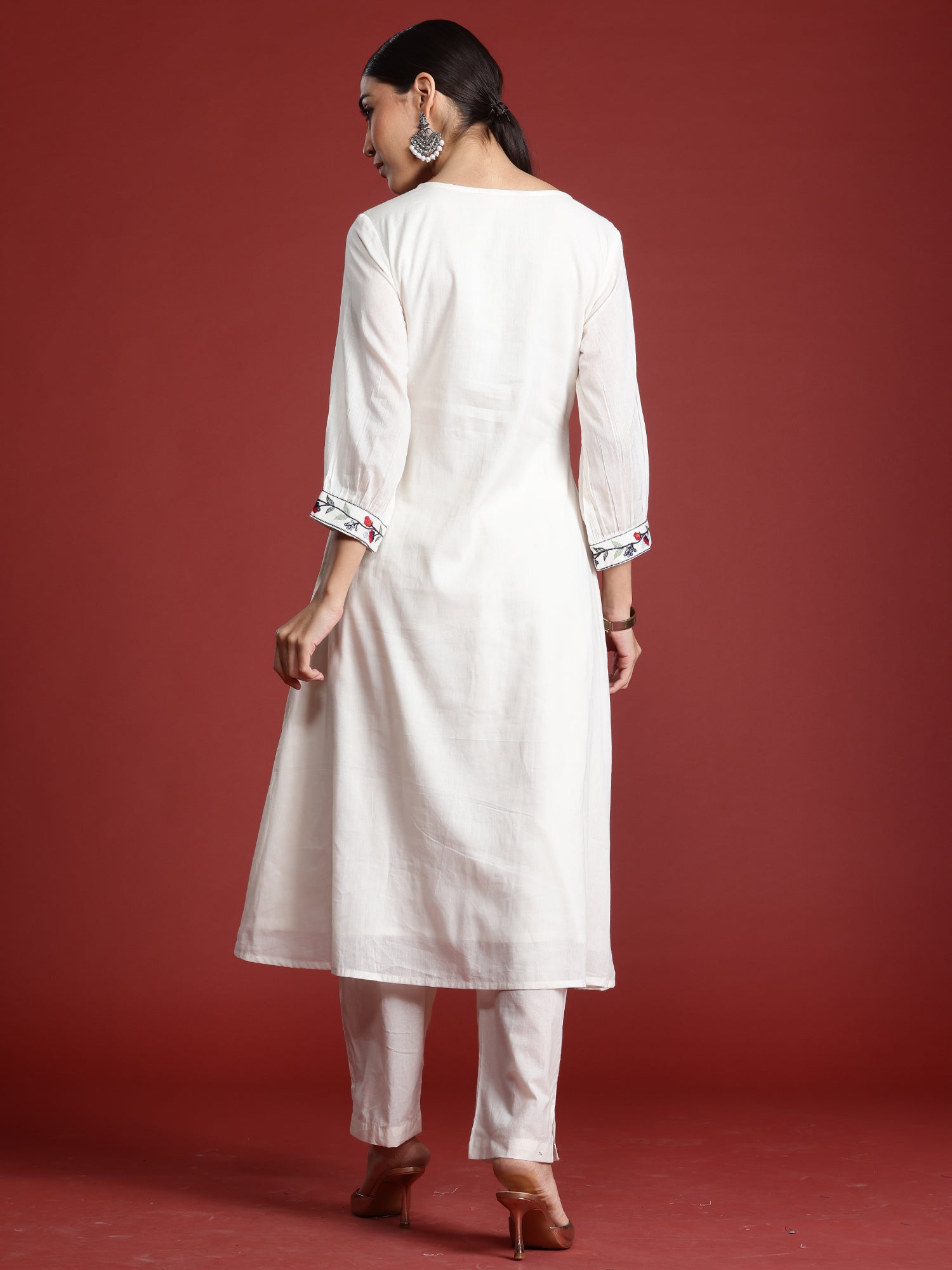 Women Off White Embroidered A-Line Kurta Trousers  Set