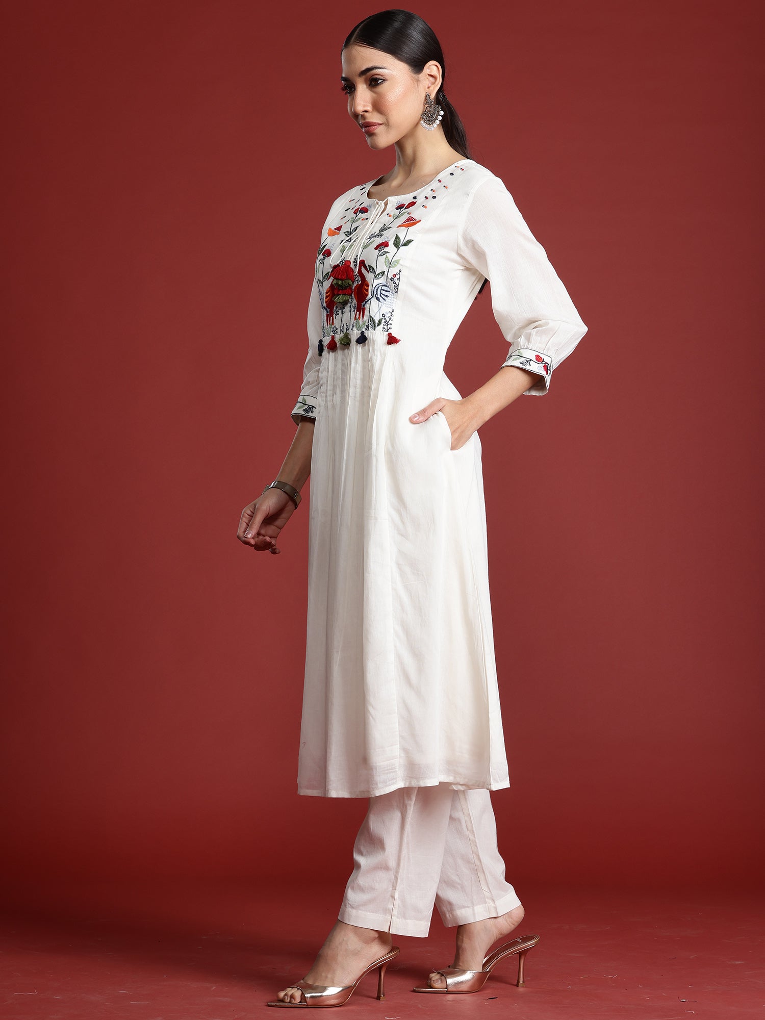 Women Off White Embroidered A-Line Kurta Trousers  Set