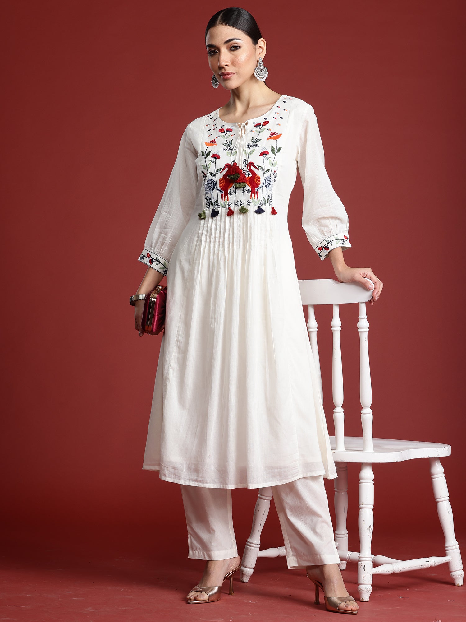 Women Off White Embroidered A-Line Kurta Trousers  Set