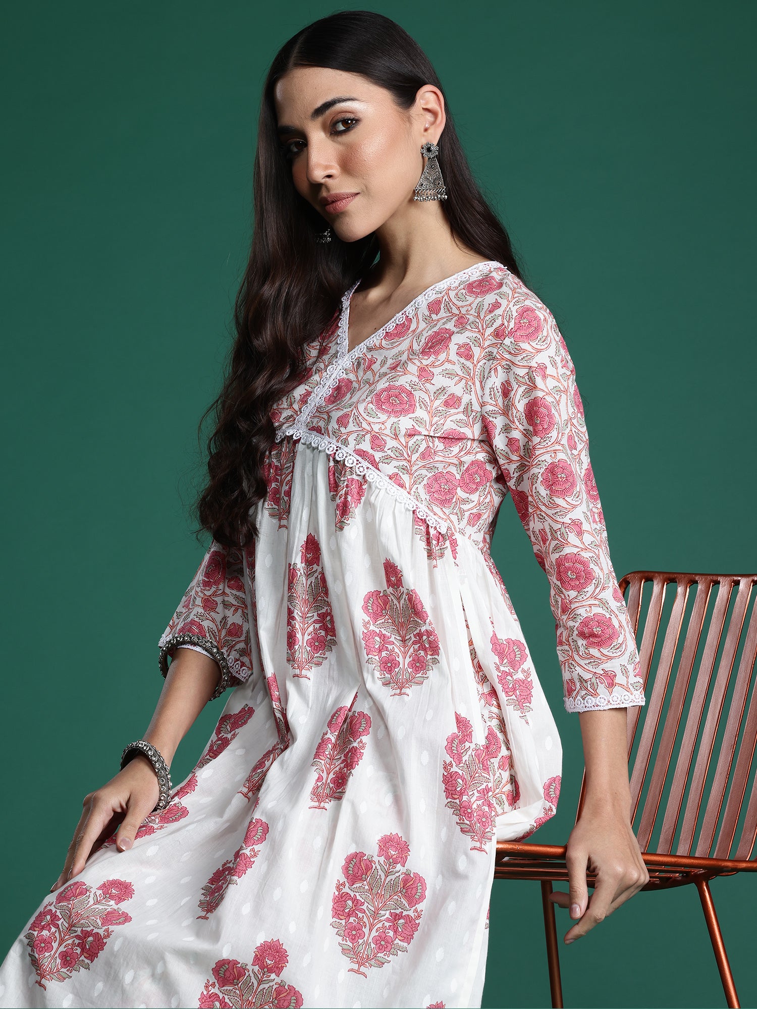 Women White Printed A-Line Kurta Trousers  Set