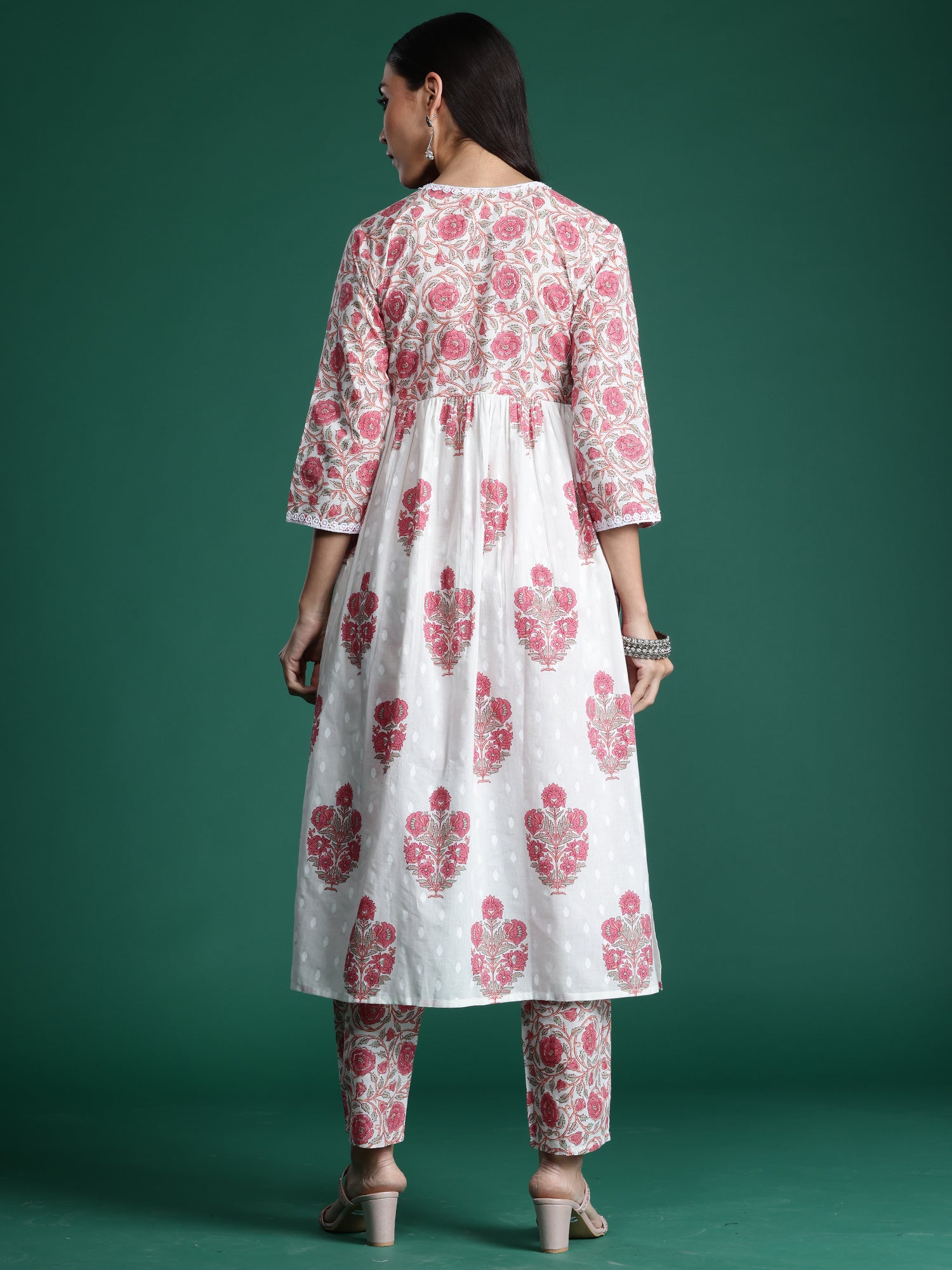 Women White Printed A-Line Kurta Trousers  Set