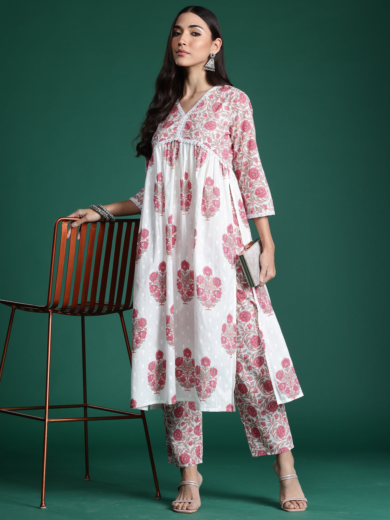 Women White Printed A-Line Kurta Trousers  Set