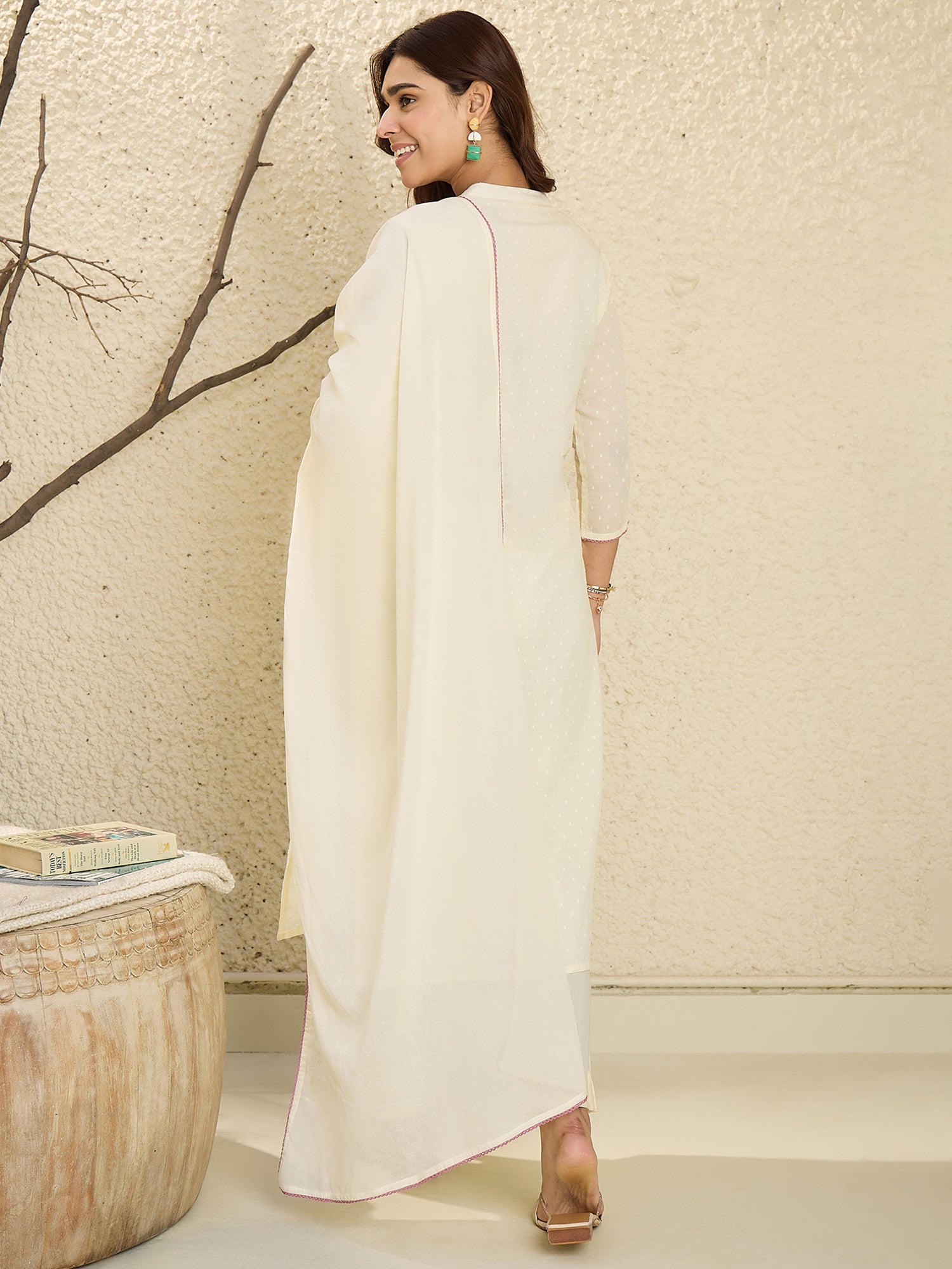 Women Off White Embroidered A-Line Kurta Trousers With Dupatta Set