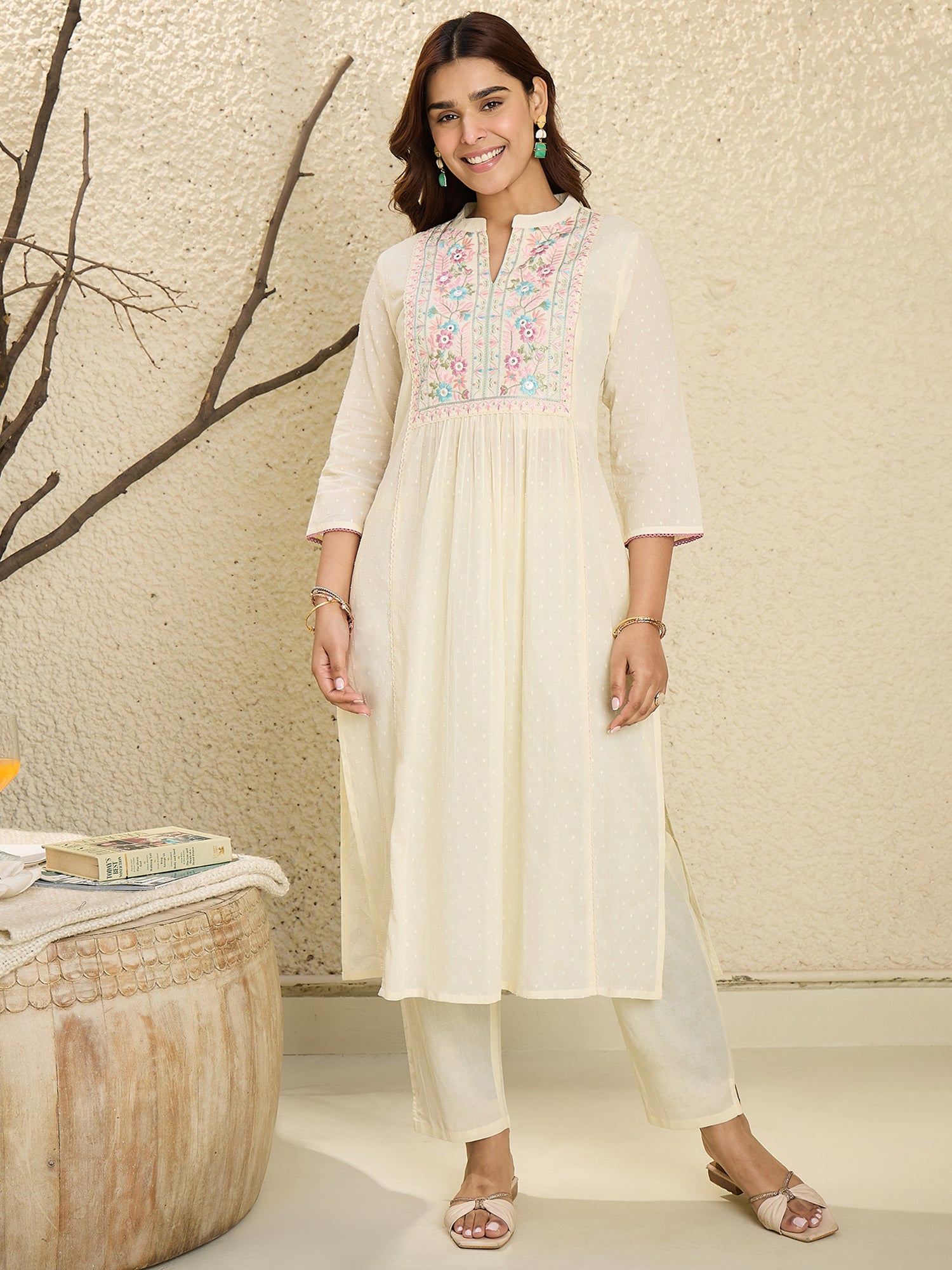 Women Off White Embroidered A-Line Kurta Trousers With Dupatta Set