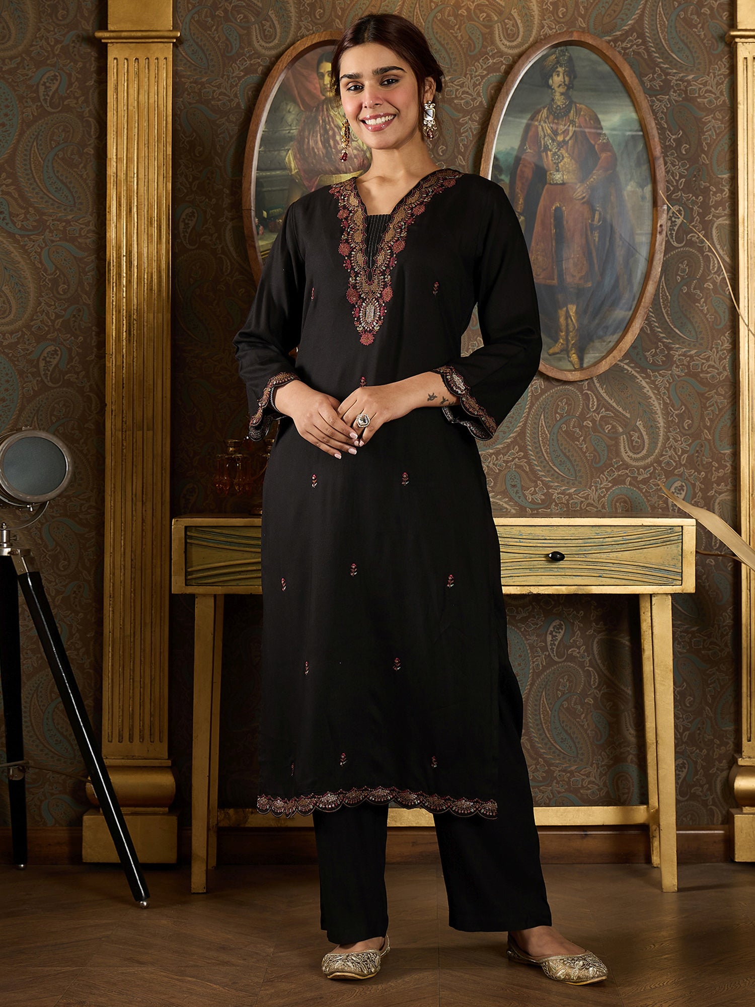 Women Black Embroidered Straight Kurta With Dupatta Set