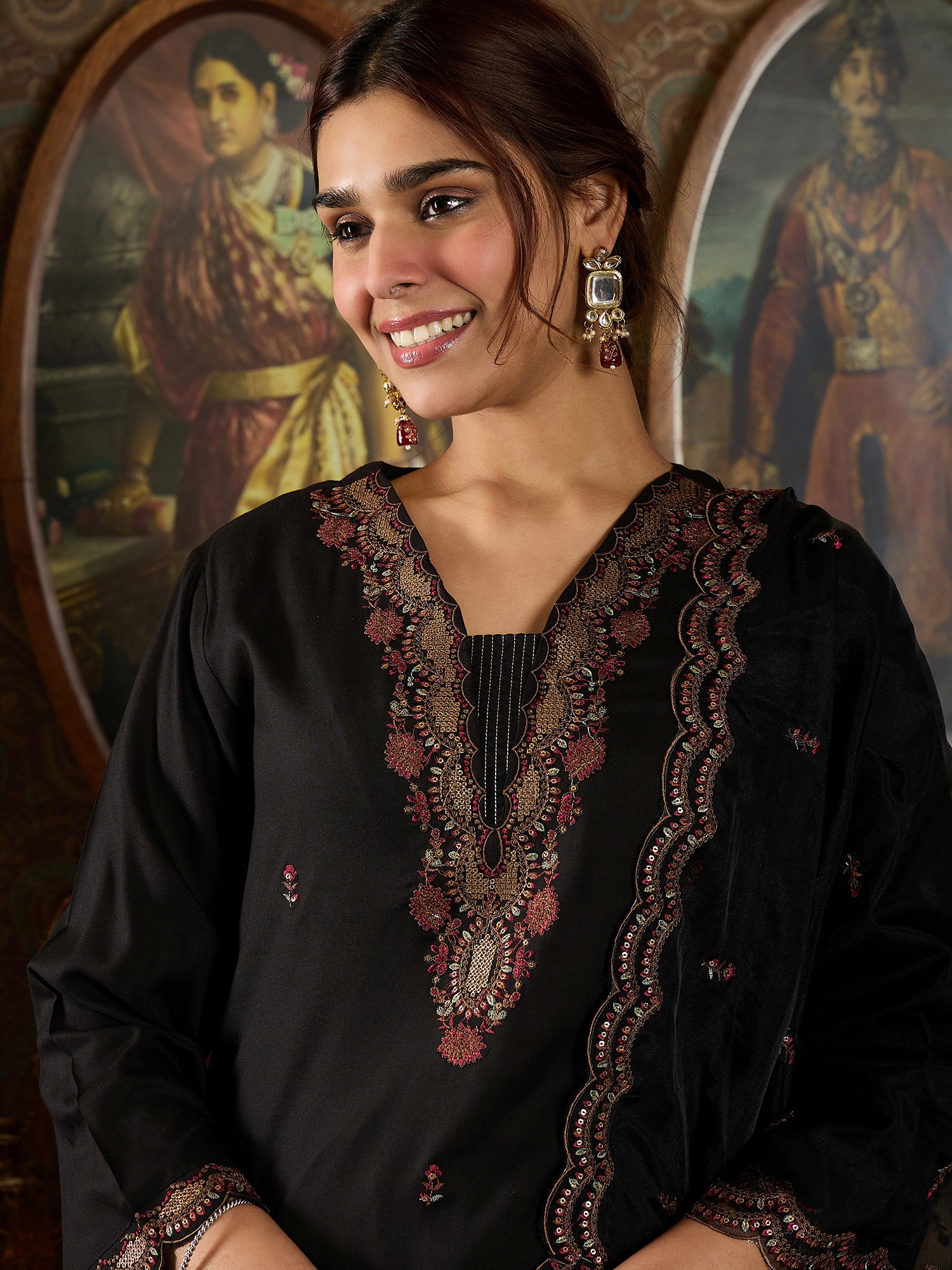 Women Black Embroidered Straight Kurta With Dupatta Set