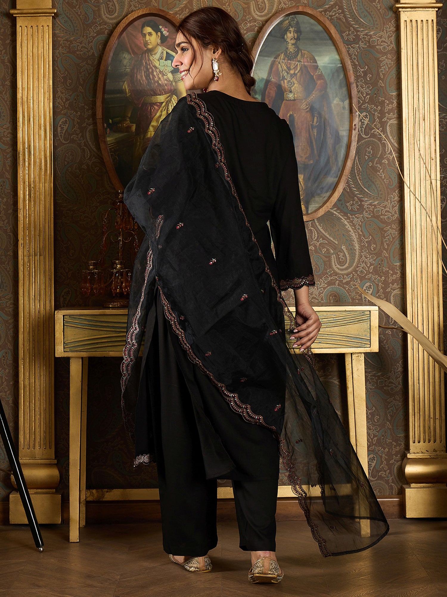 Women Black Embroidered Straight Kurta With Dupatta Set