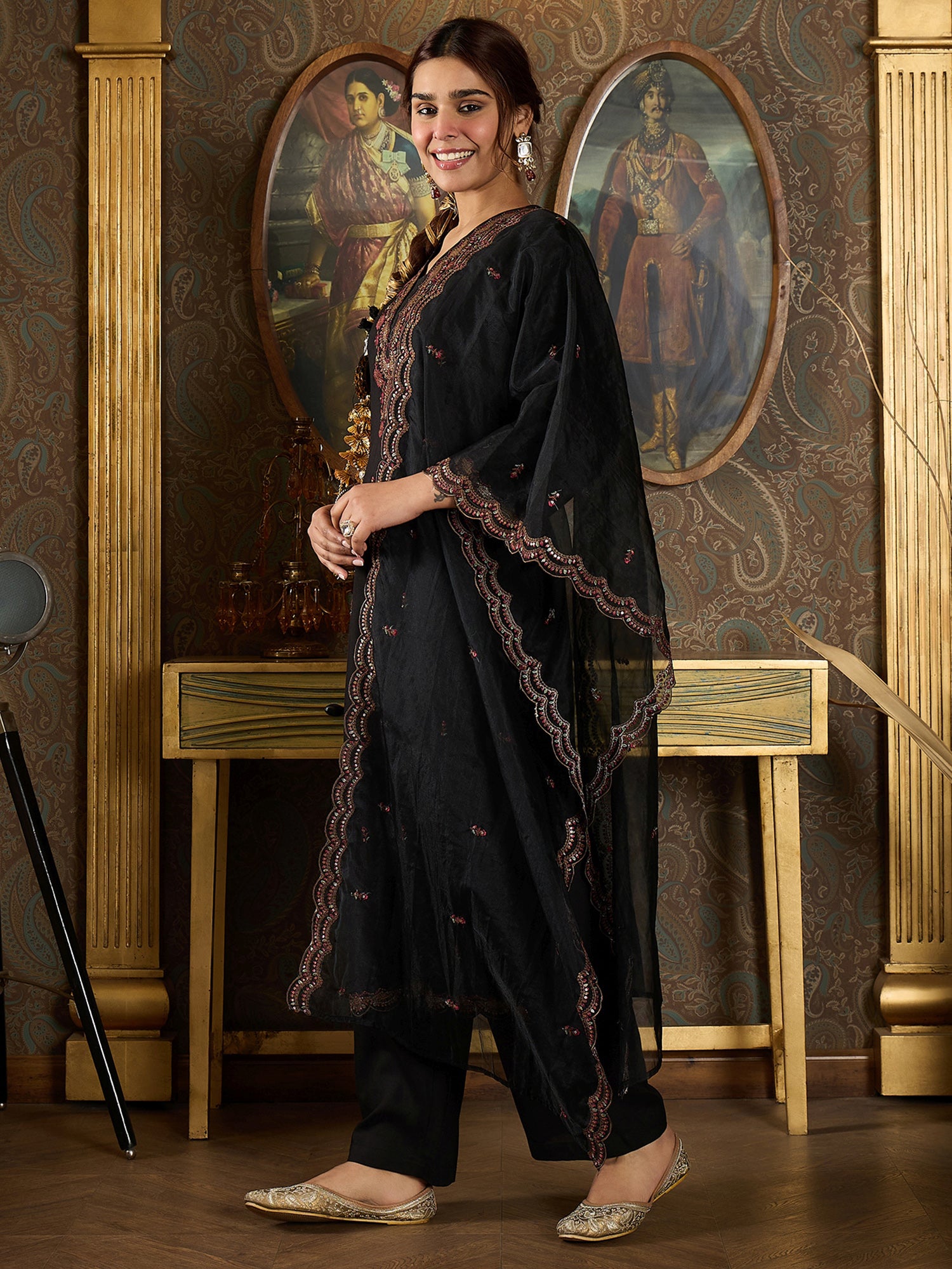 Women Black Embroidered Straight Kurta With Dupatta Set
