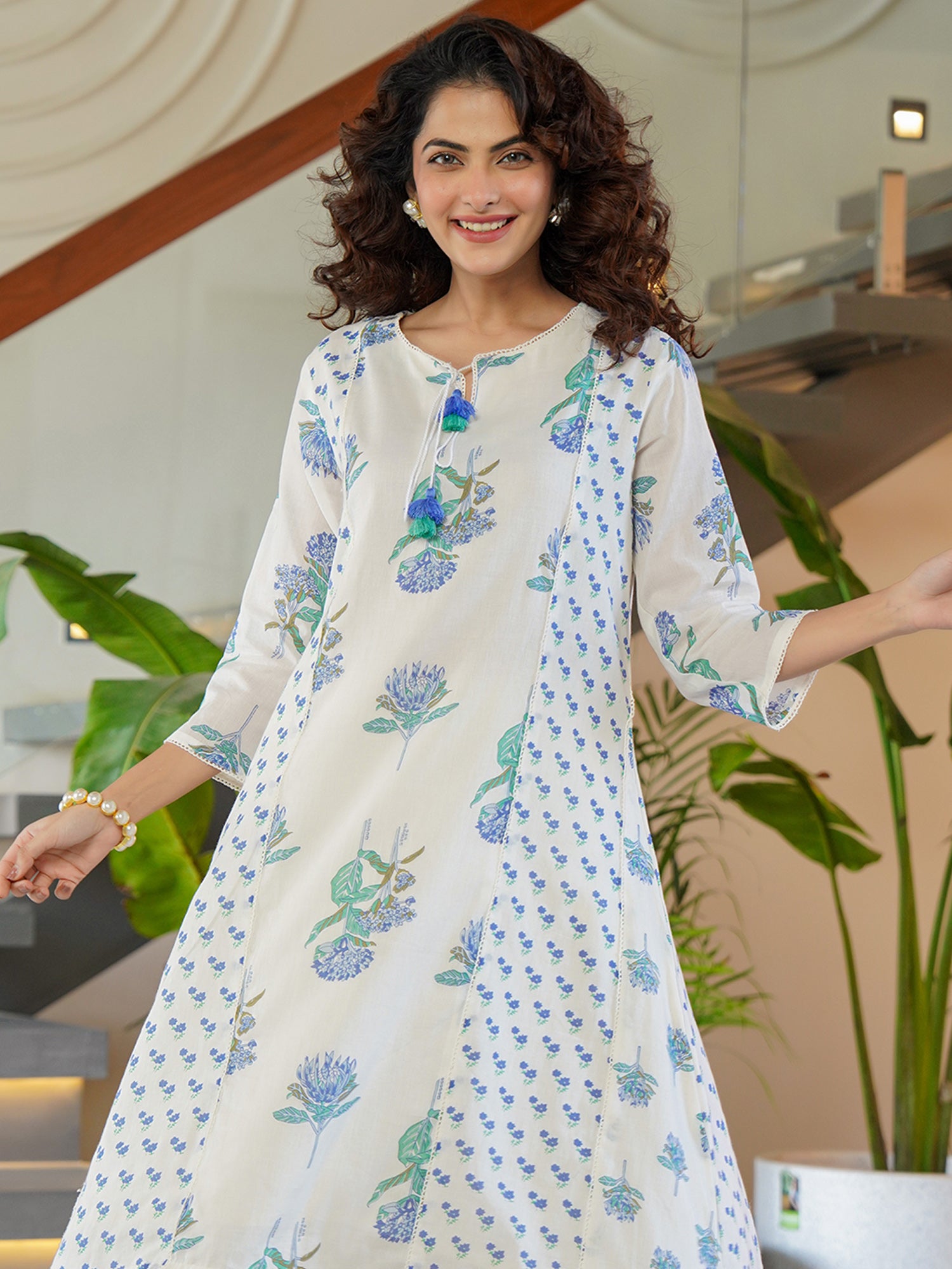 Women White Printed A-Line Kurta Trousers  Set