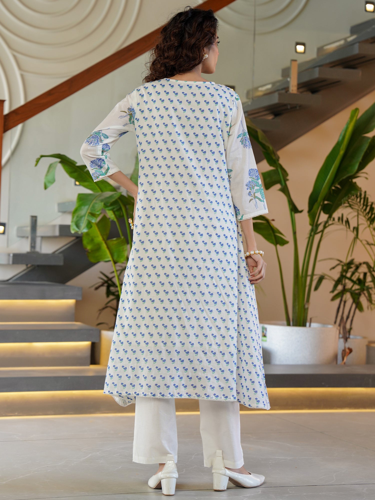 Women White Printed A-Line Kurta Trousers  Set