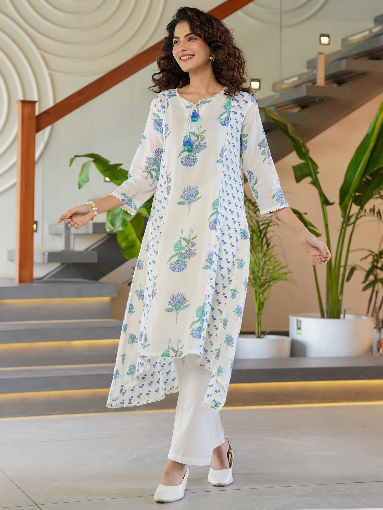 Women White Printed A-Line Kurta Trousers  Set