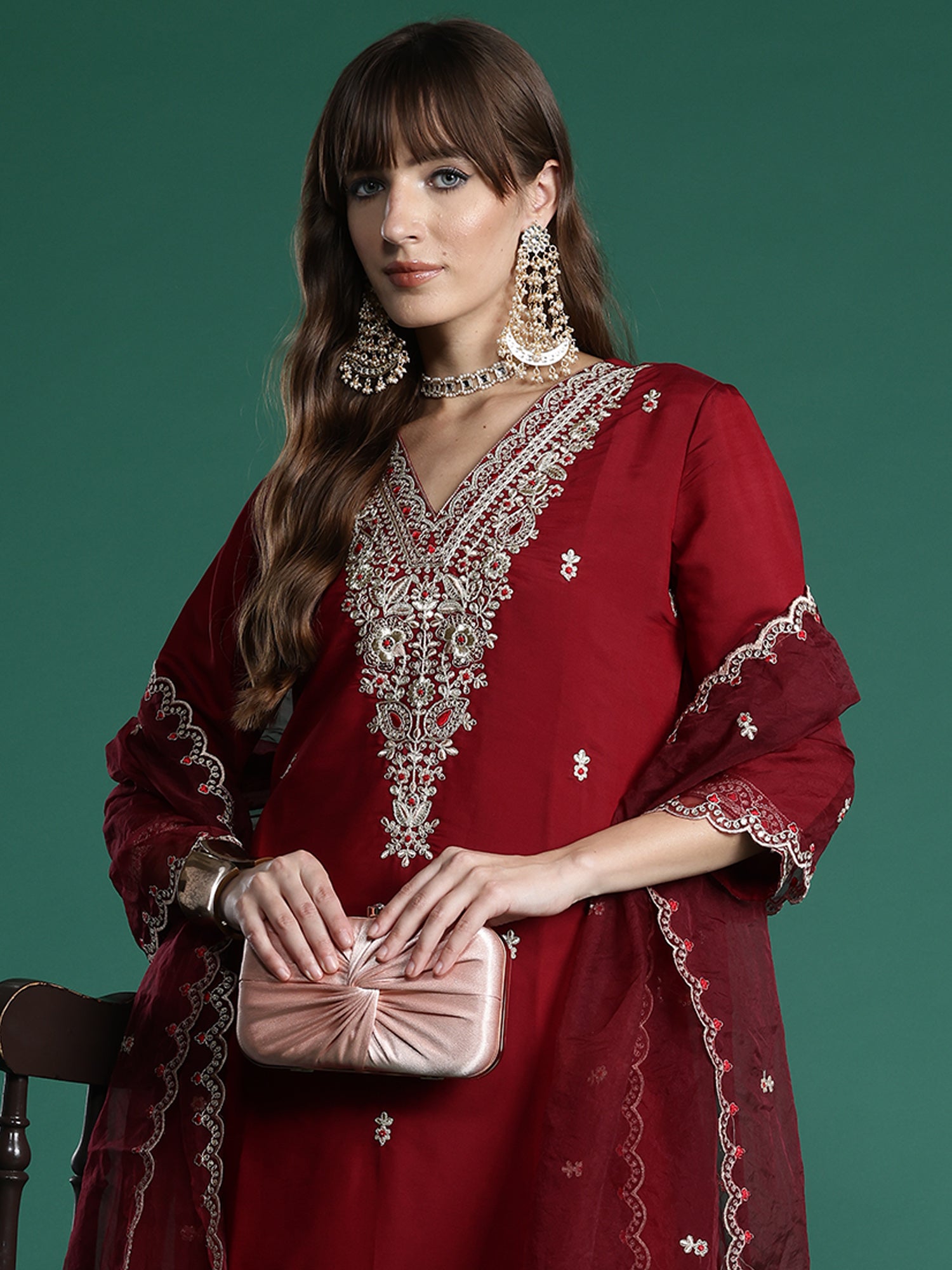 Women Maroon Embroidered Straight Kurta Trousers With Dupatta Set