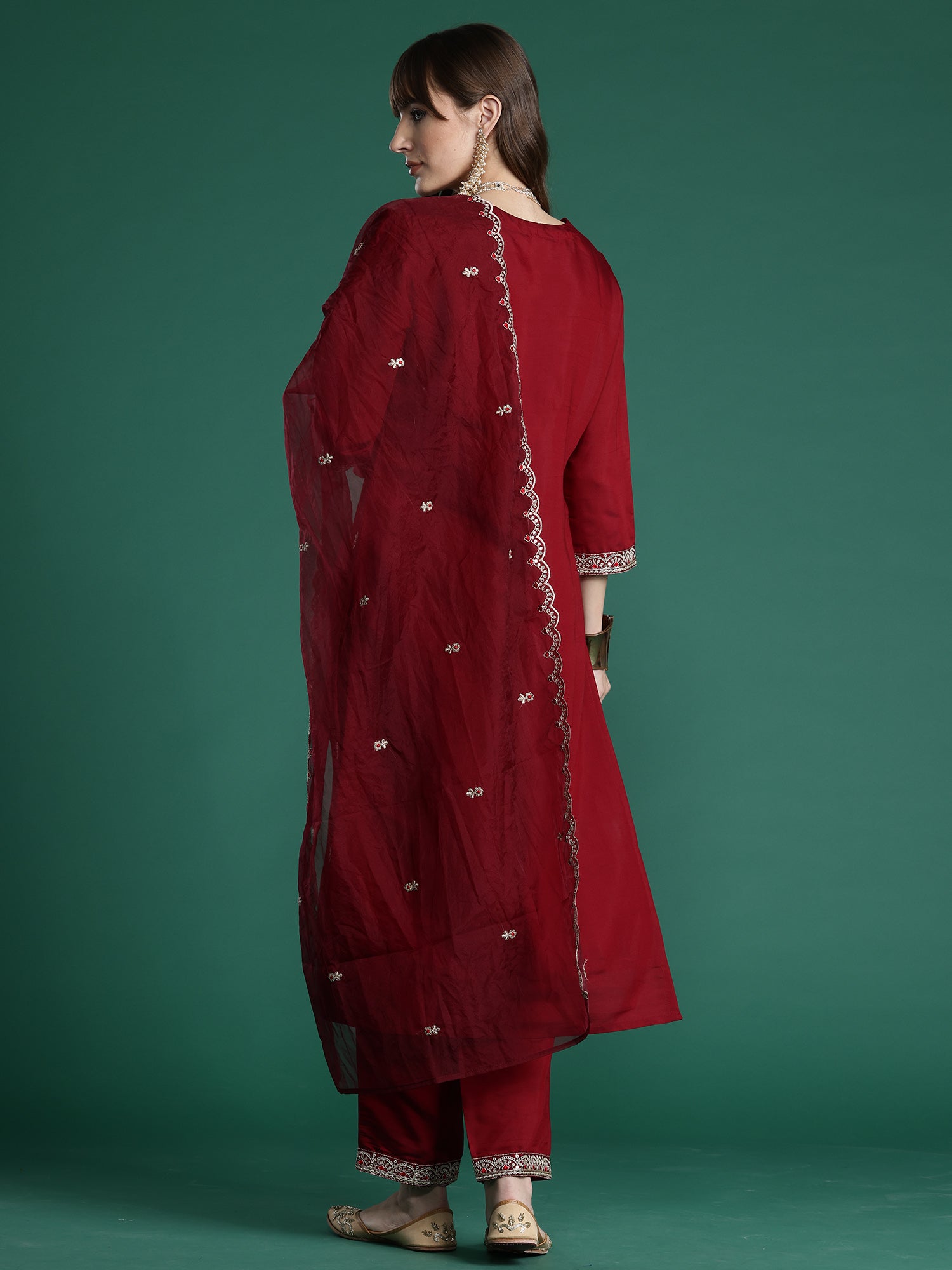 Women Maroon Embroidered Straight Kurta Trousers With Dupatta Set