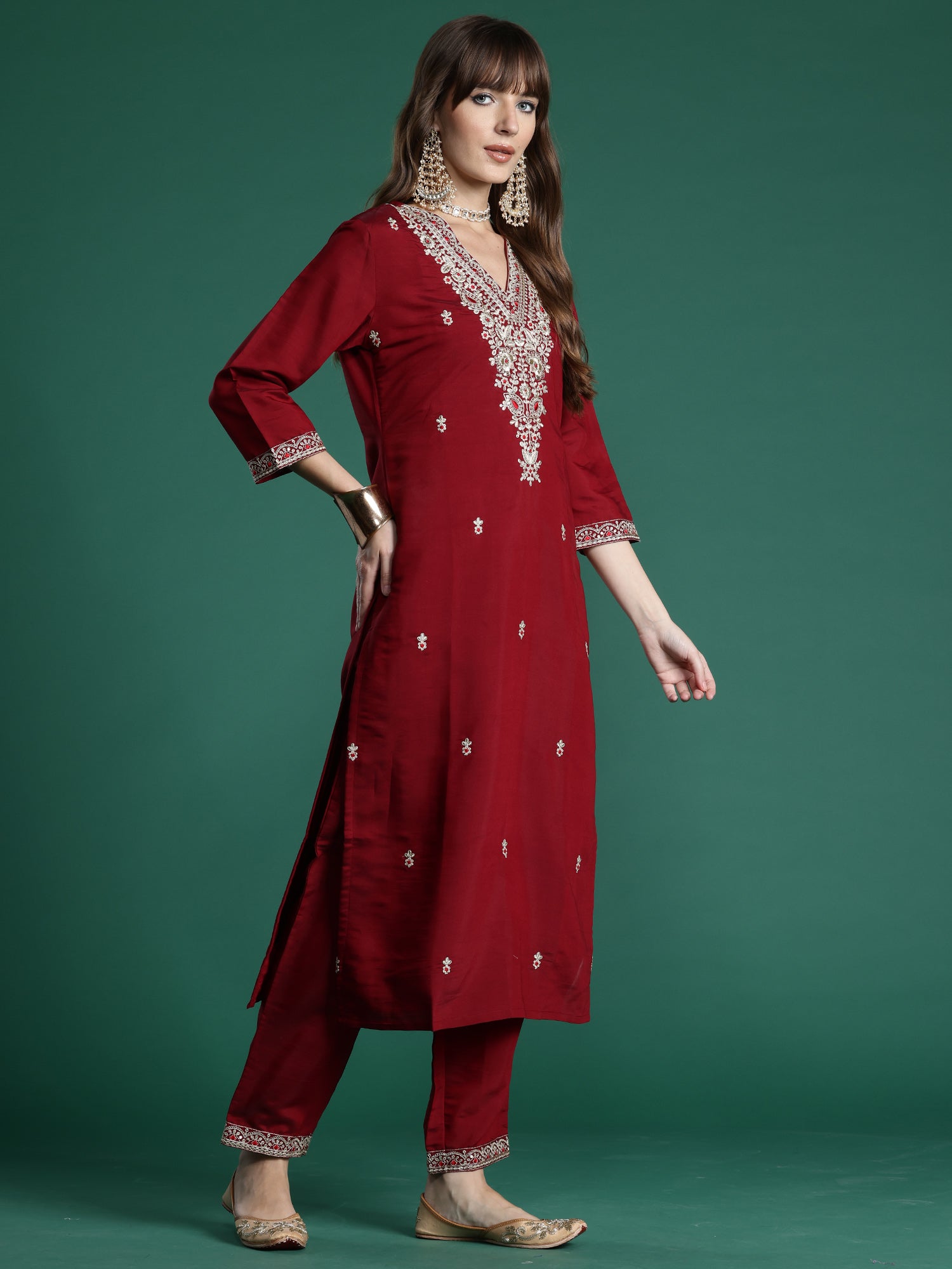 Women Maroon Embroidered Straight Kurta Trousers With Dupatta Set
