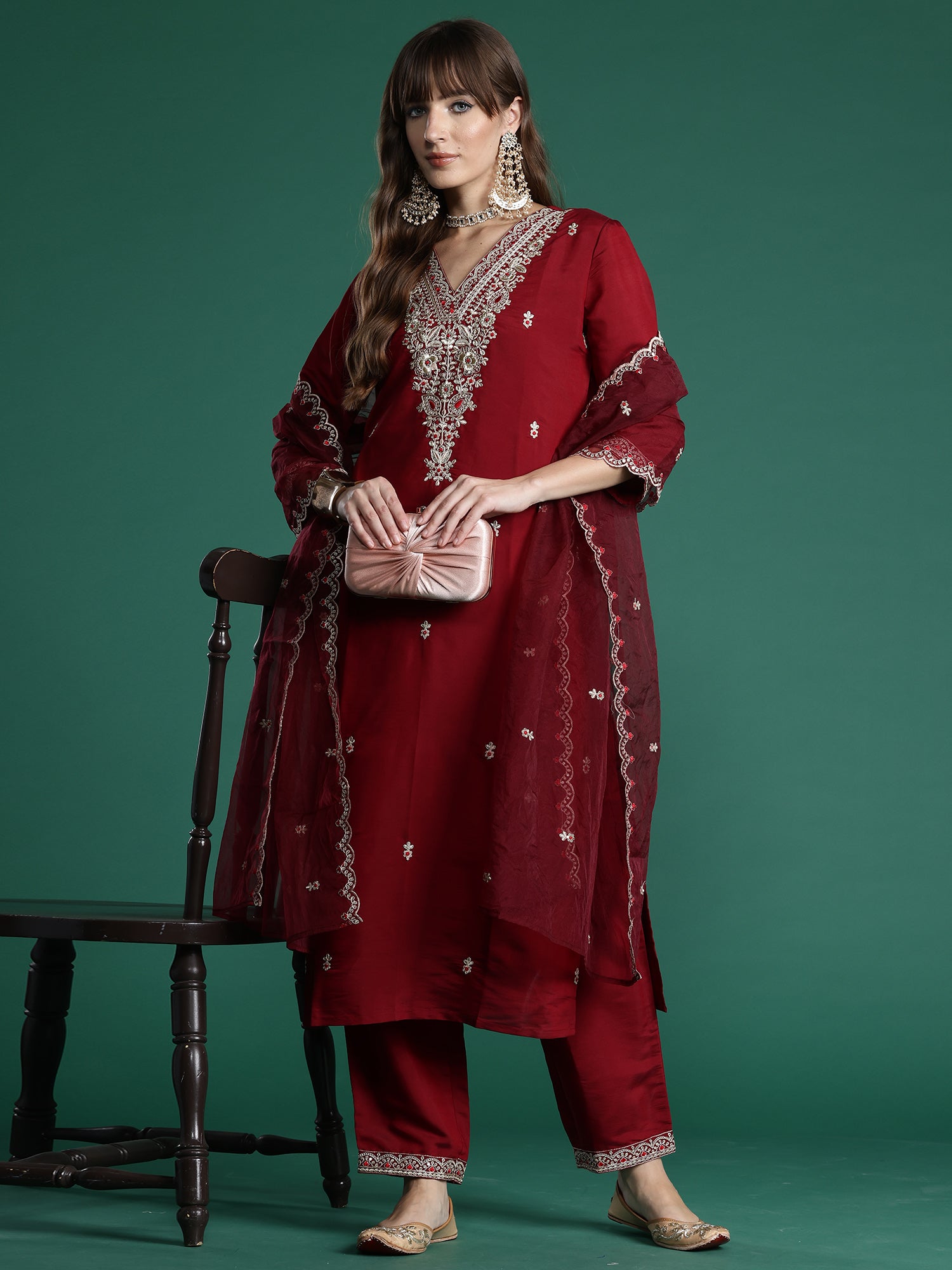 Women Maroon Embroidered Straight Kurta Trousers With Dupatta Set