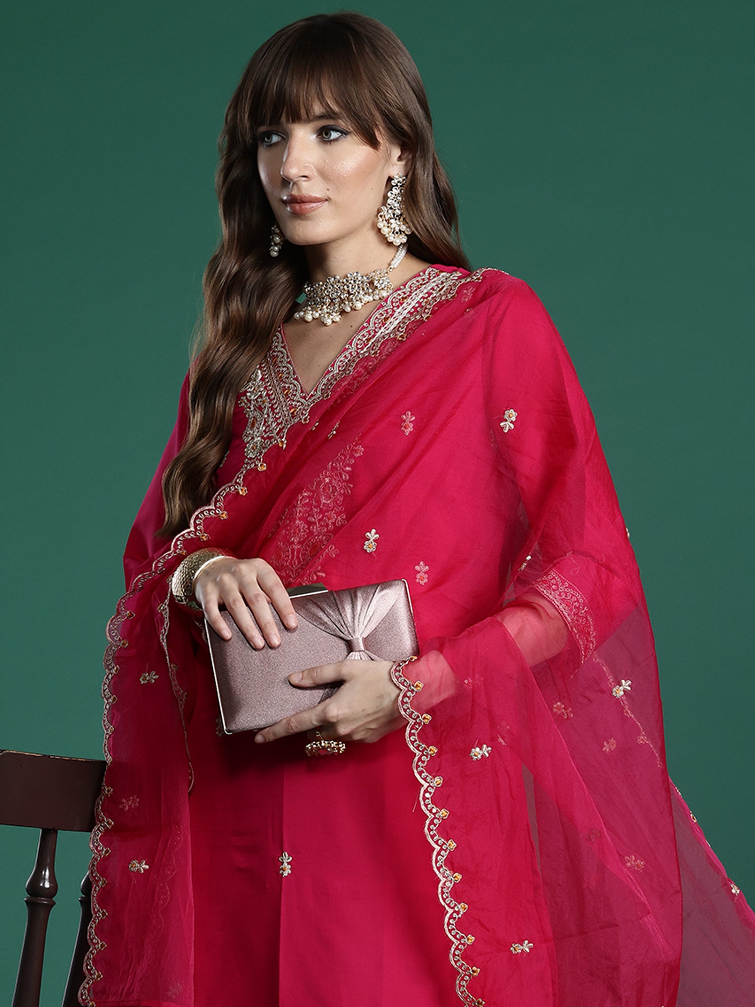 Women Pink Embroidered Straight Kurta Trousers With Dupatta Set