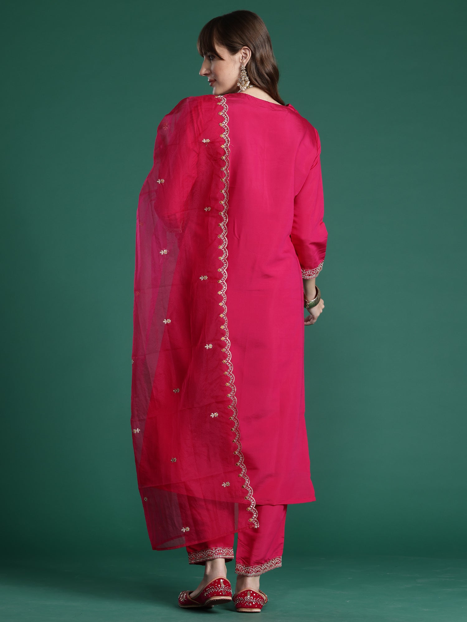 Women Pink Embroidered Straight Kurta Trousers With Dupatta Set
