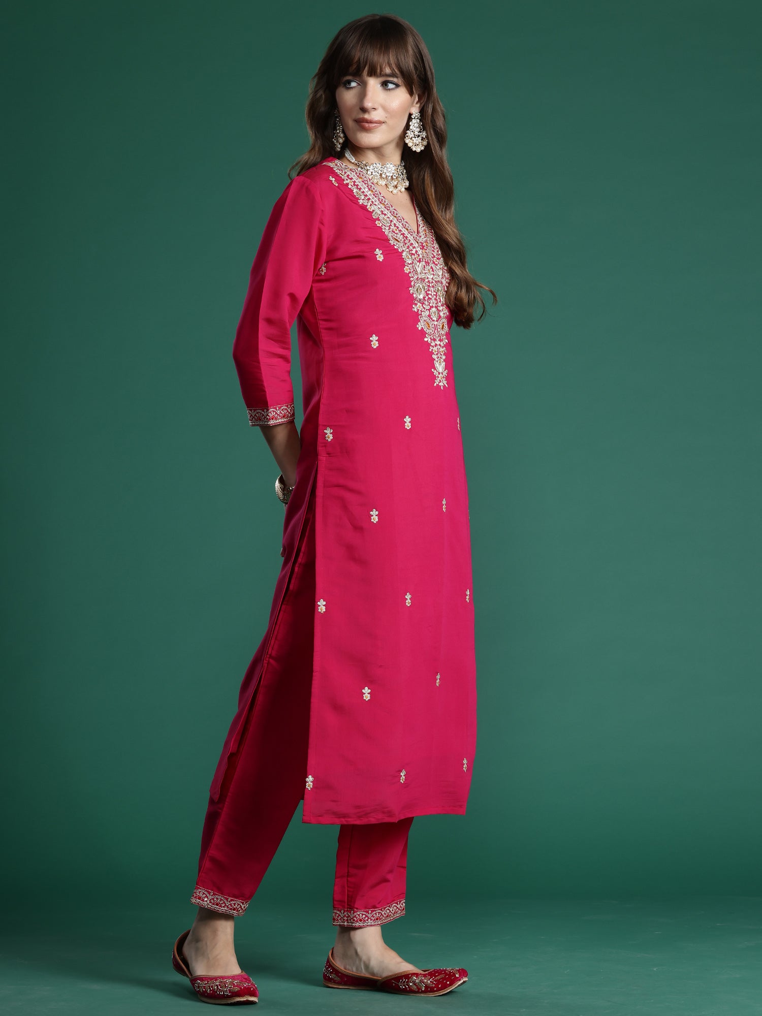 Women Pink Embroidered Straight Kurta Trousers With Dupatta Set