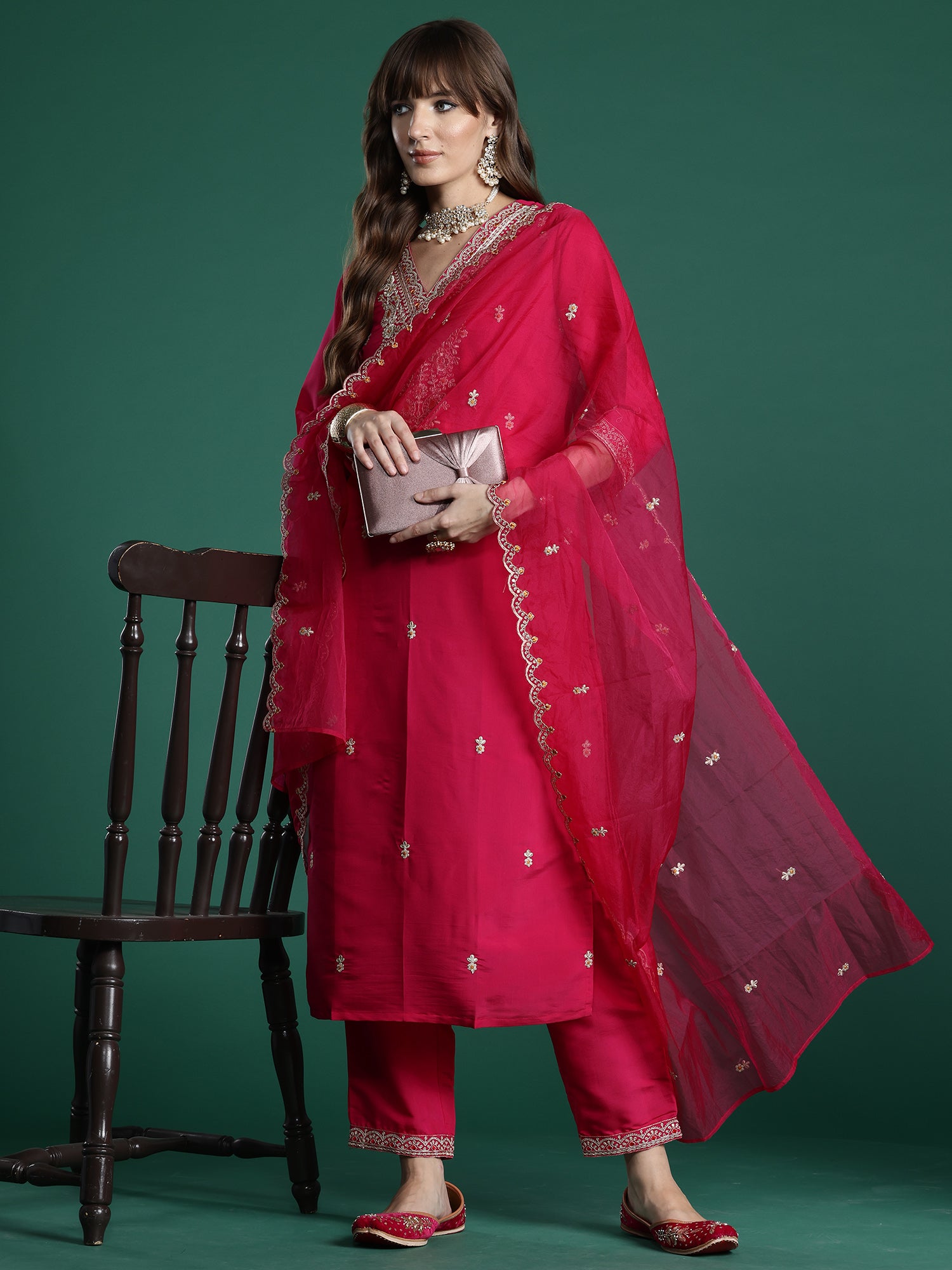 Women Pink Embroidered Straight Kurta Trousers With Dupatta Set