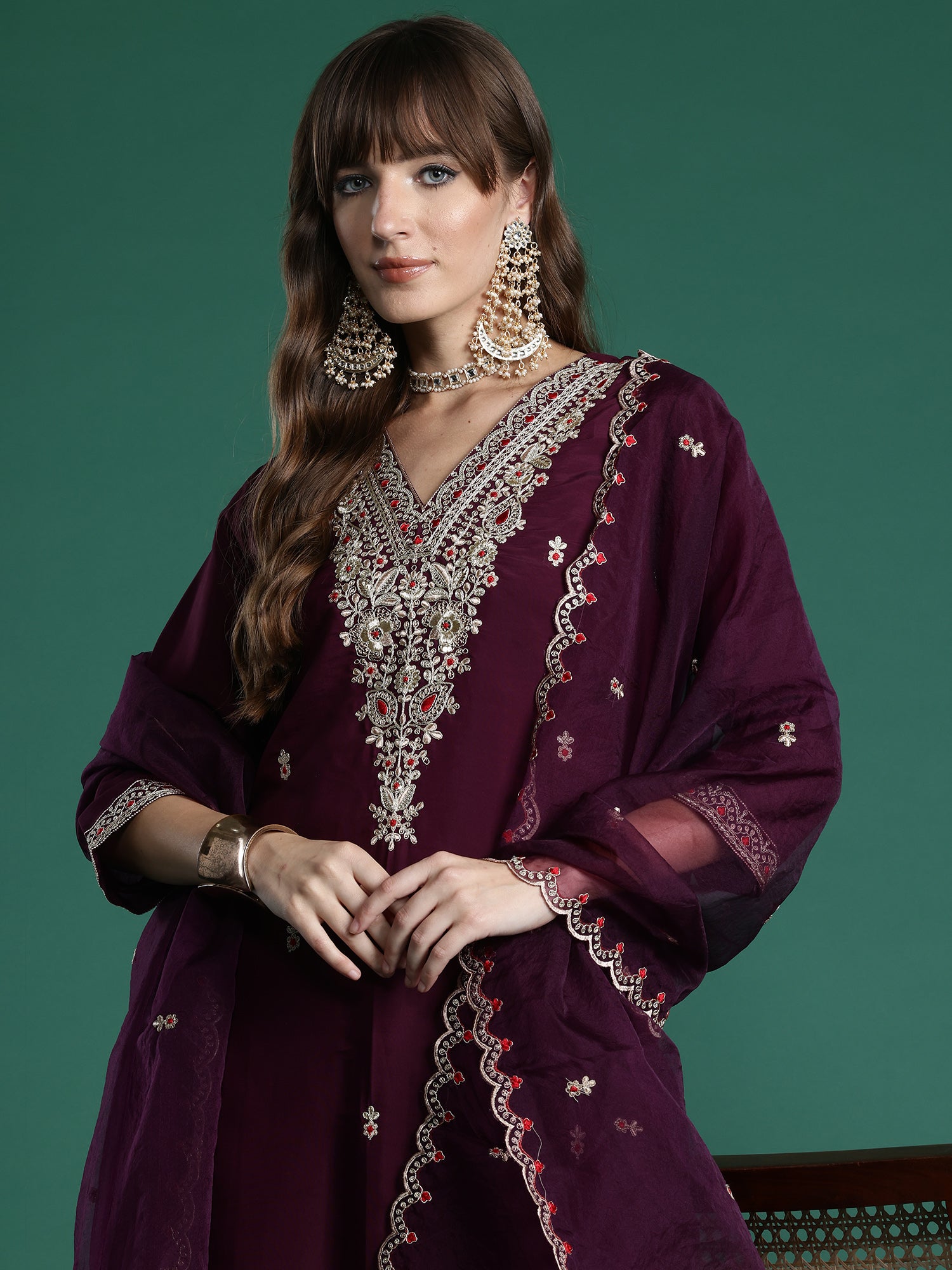 Women Burgundy Embroidered Straight Kurta Trousers With Dupatta Set