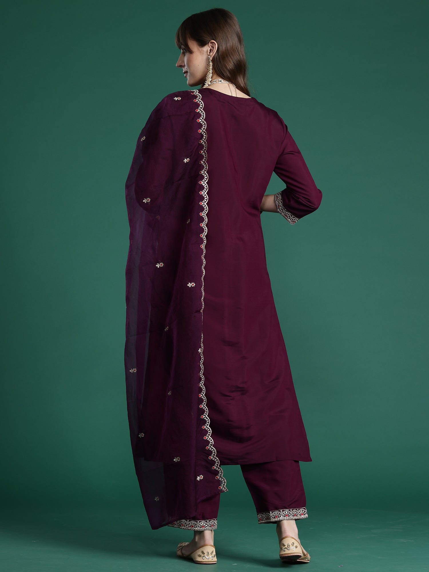 Women Burgundy Embroidered Straight Kurta Trousers With Dupatta Set