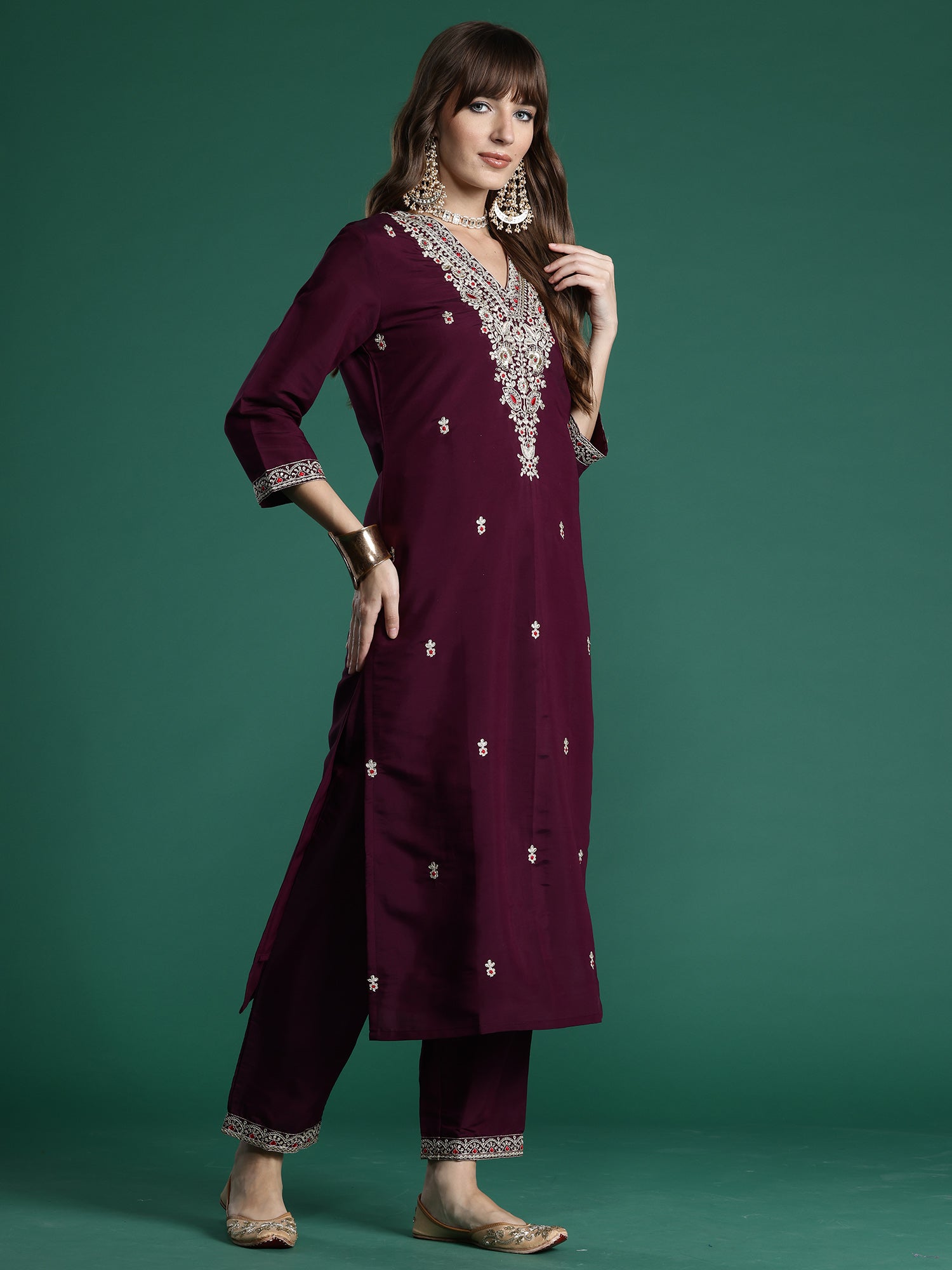 Women Burgundy Embroidered Straight Kurta Trousers With Dupatta Set