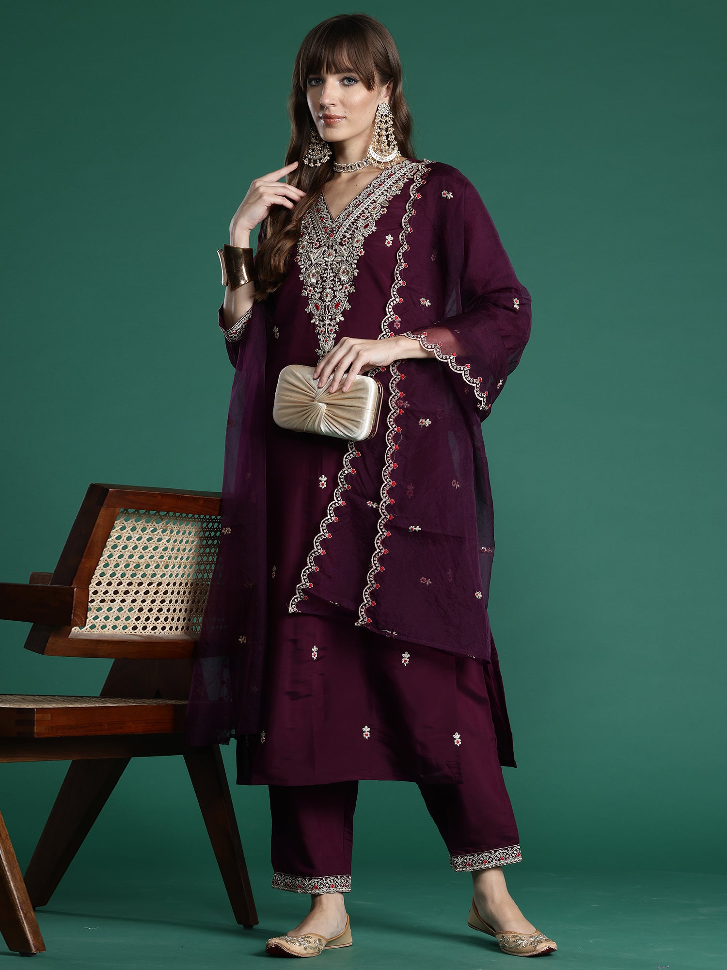 Women Burgundy Embroidered Straight Kurta Trousers With Dupatta Set