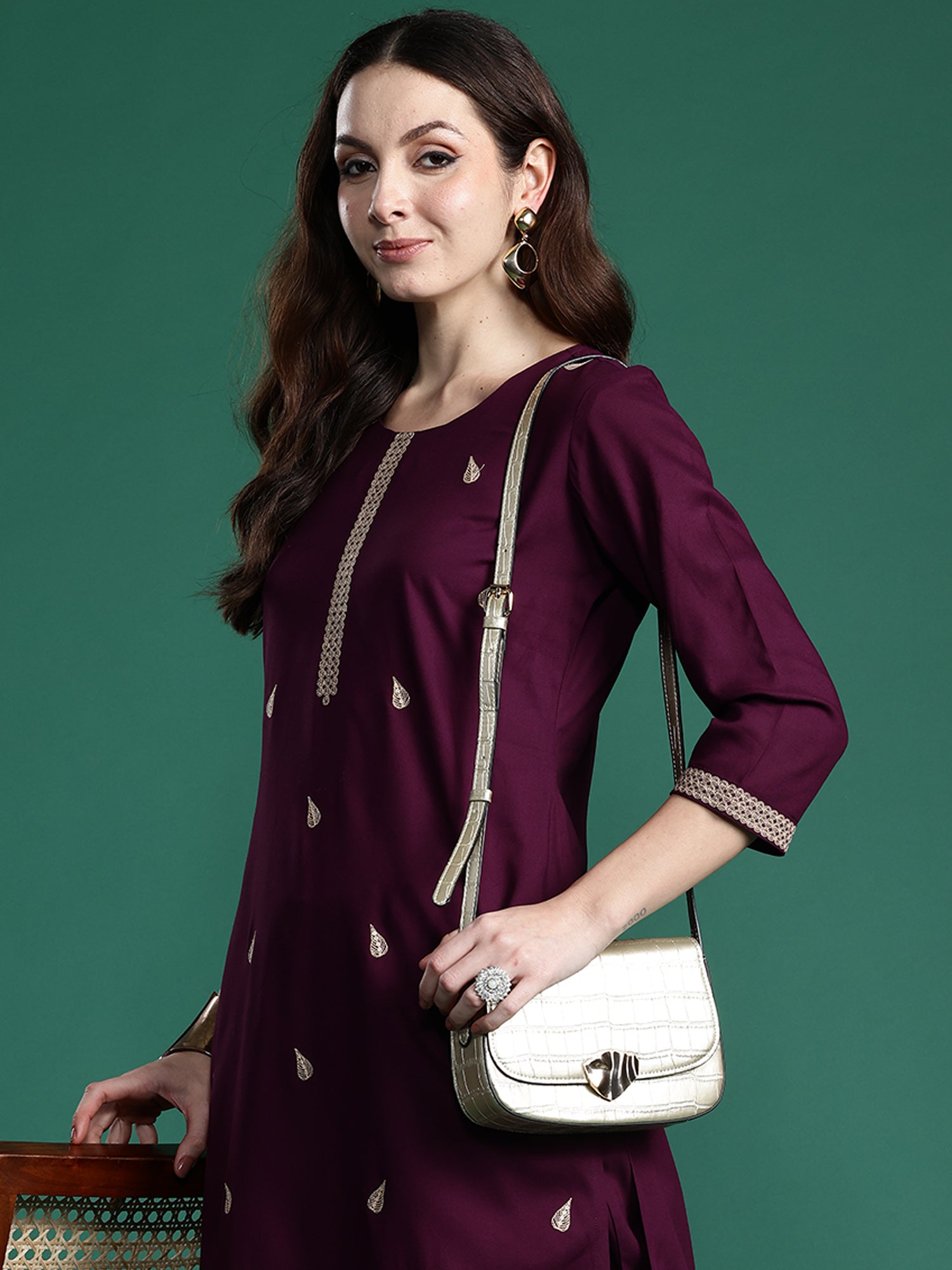 Women Burgundy Embroidered Straight Kurta Trousers Set