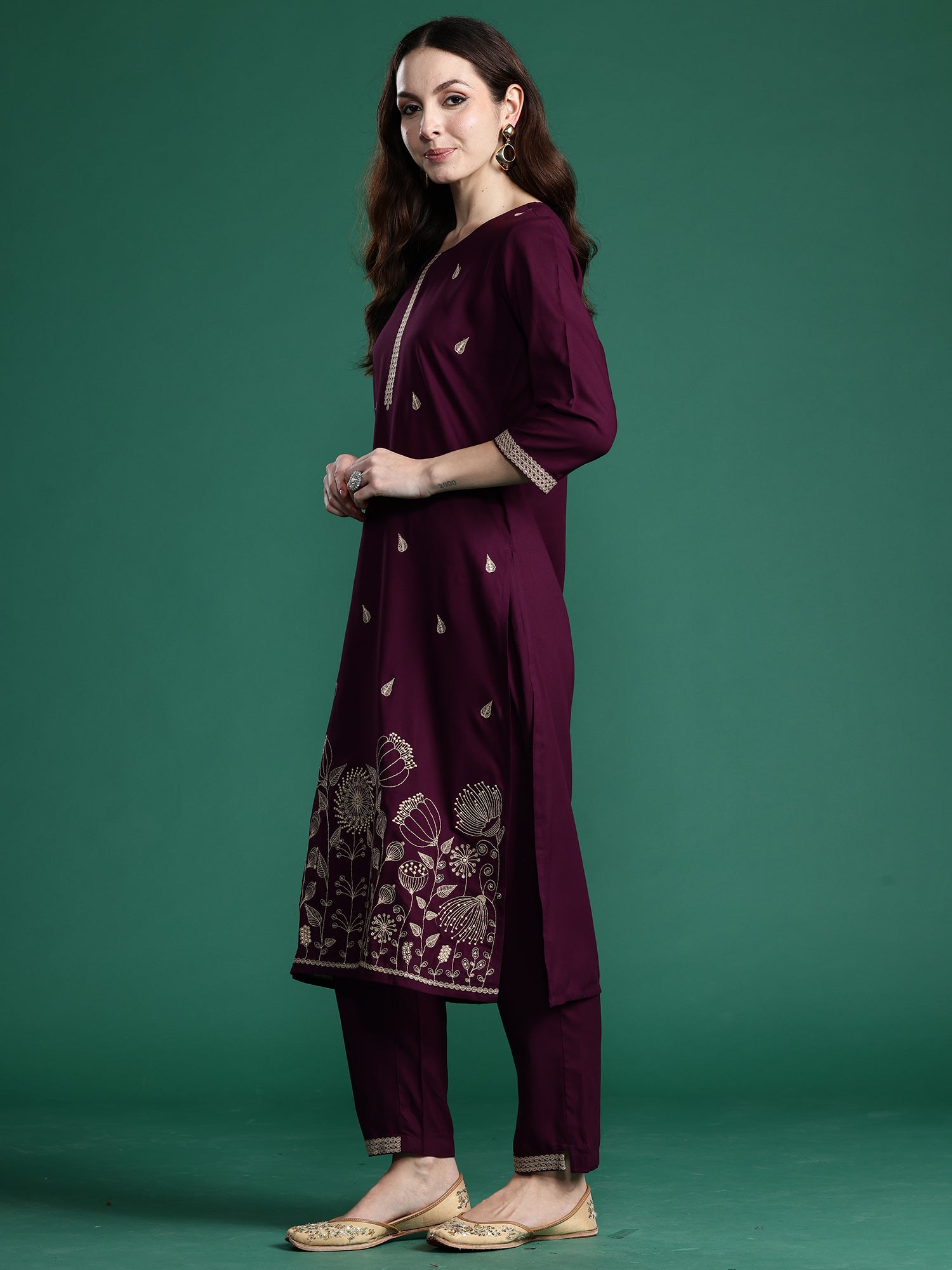Women Burgundy Embroidered Straight Kurta Trousers Set