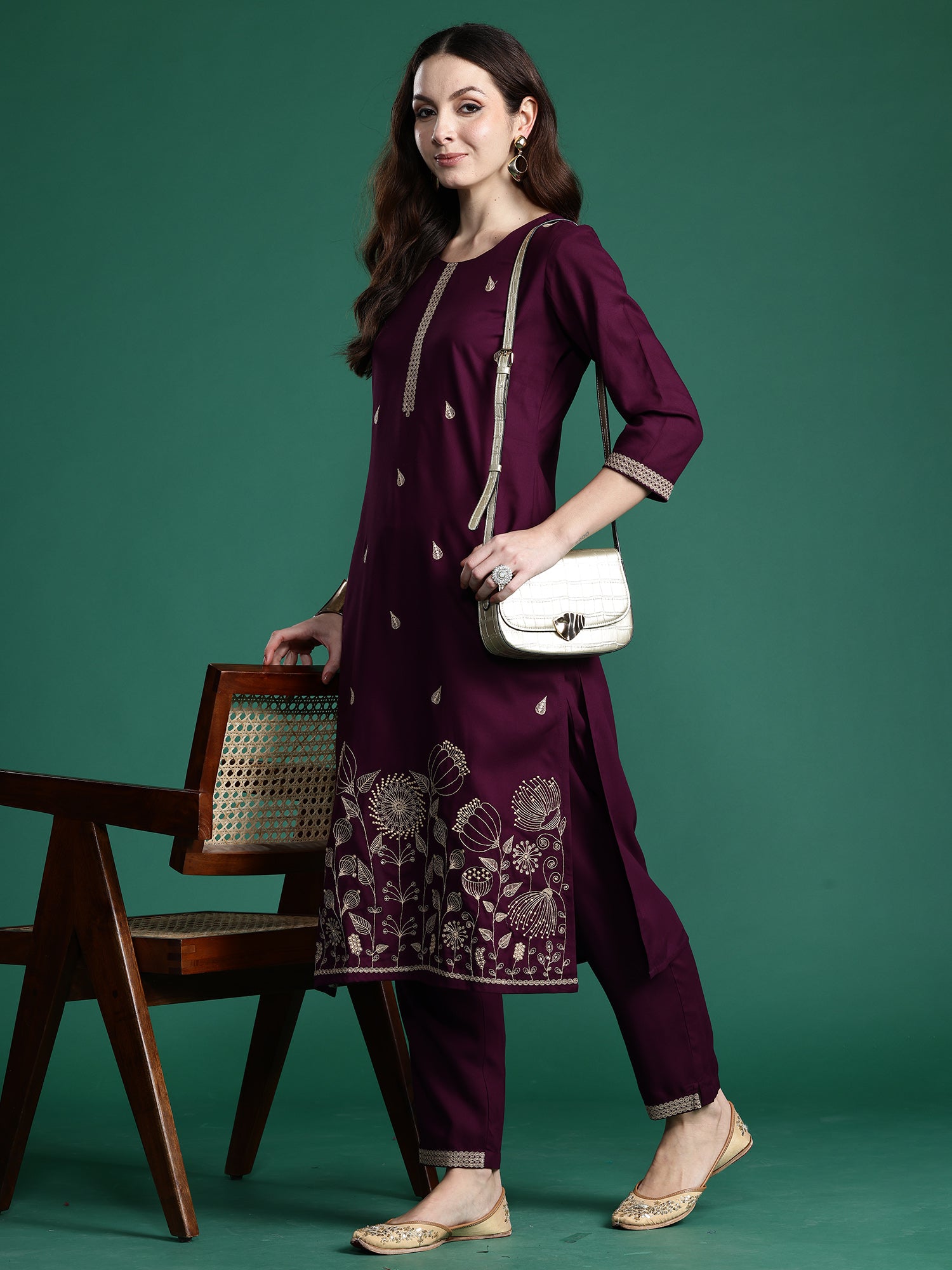 Women Burgundy Embroidered Straight Kurta Trousers Set