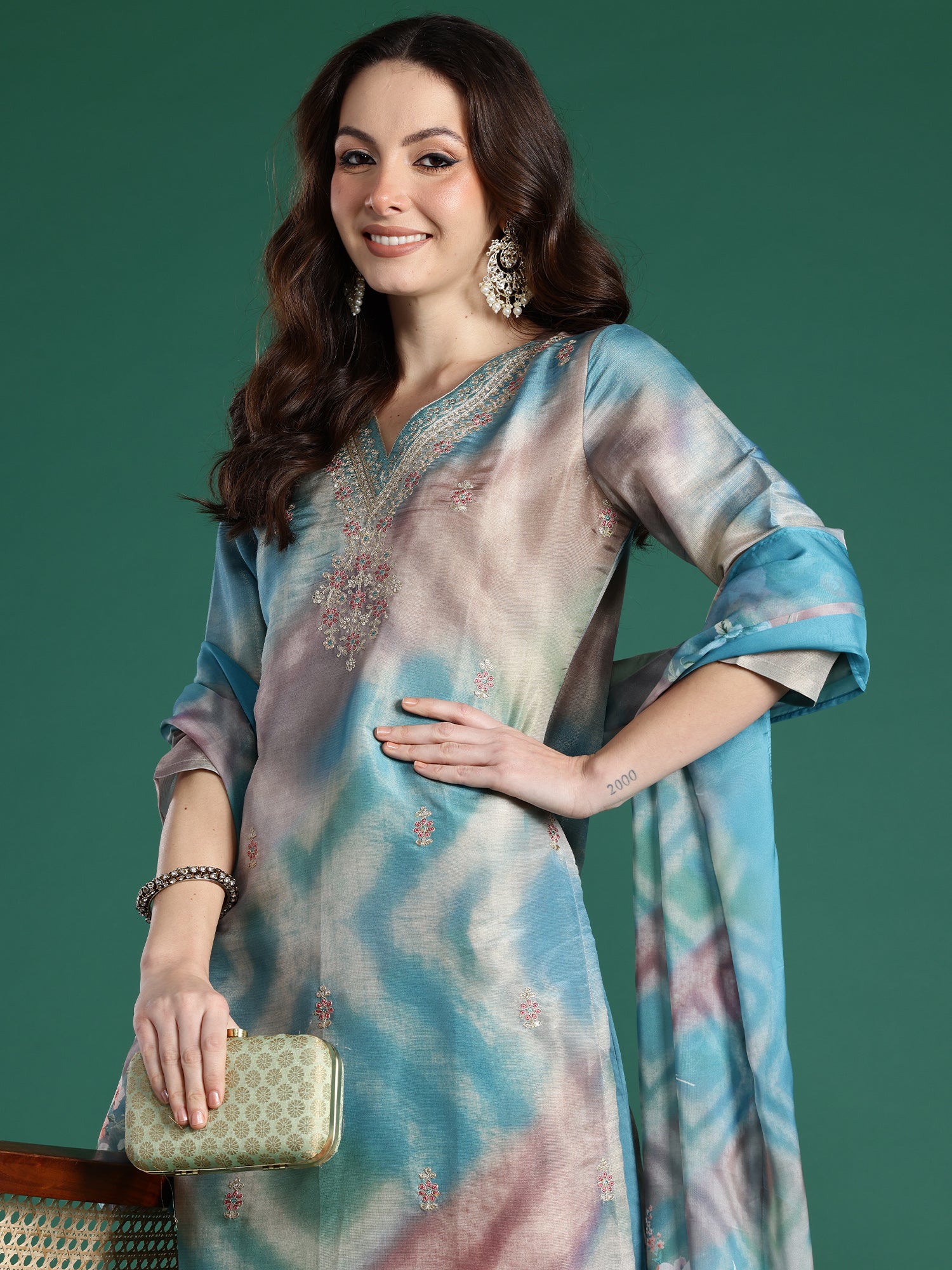 Women Multi Embroidered Straight Kurta Trousers With Dupatta Set