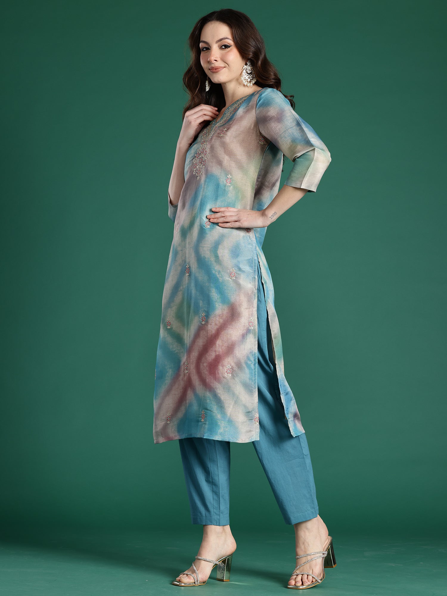Women Multi Embroidered Straight Kurta Trousers With Dupatta Set