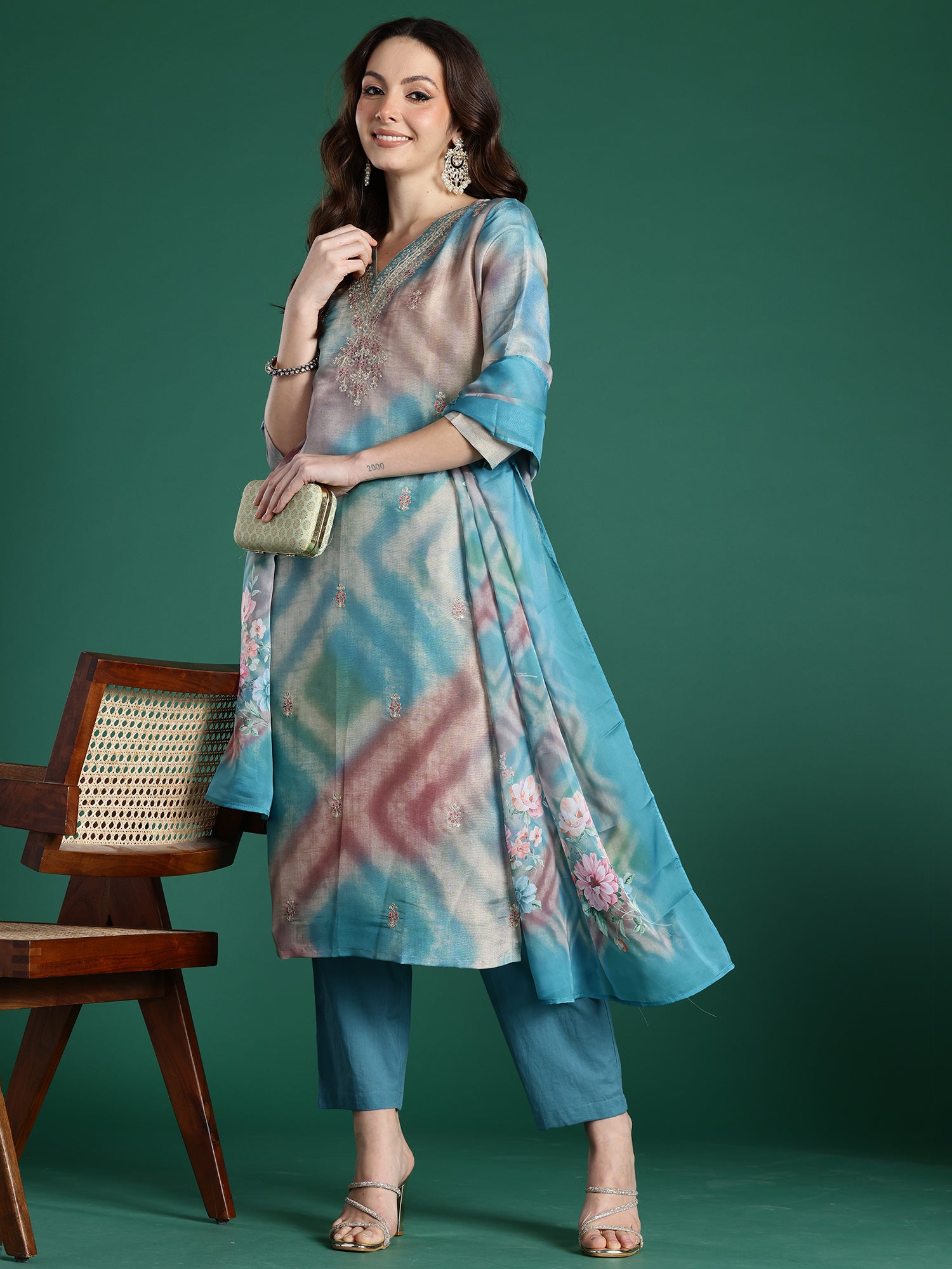 Women Multi Embroidered Straight Kurta Trousers With Dupatta Set