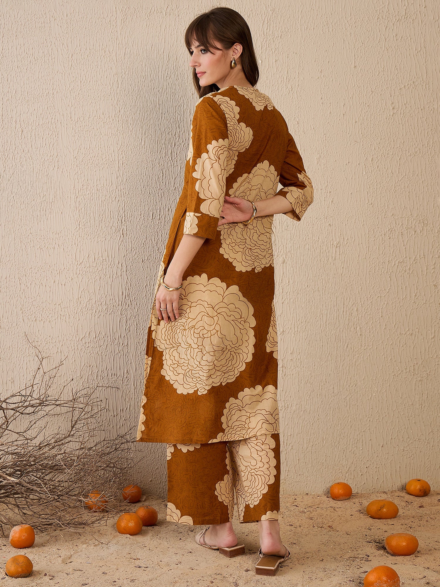 Women Mustard Printed Straight Kurta Trousers  Set