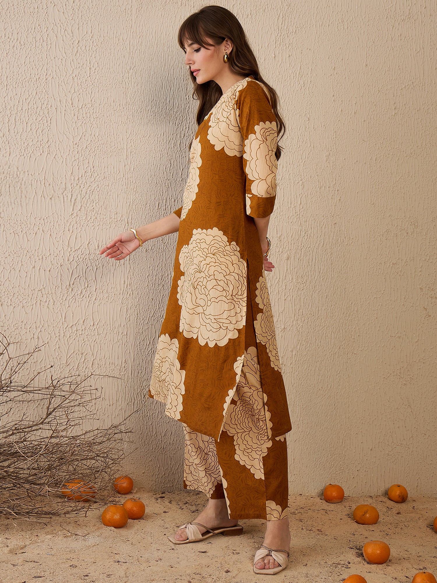 Women Mustard Printed Straight Kurta Trousers  Set