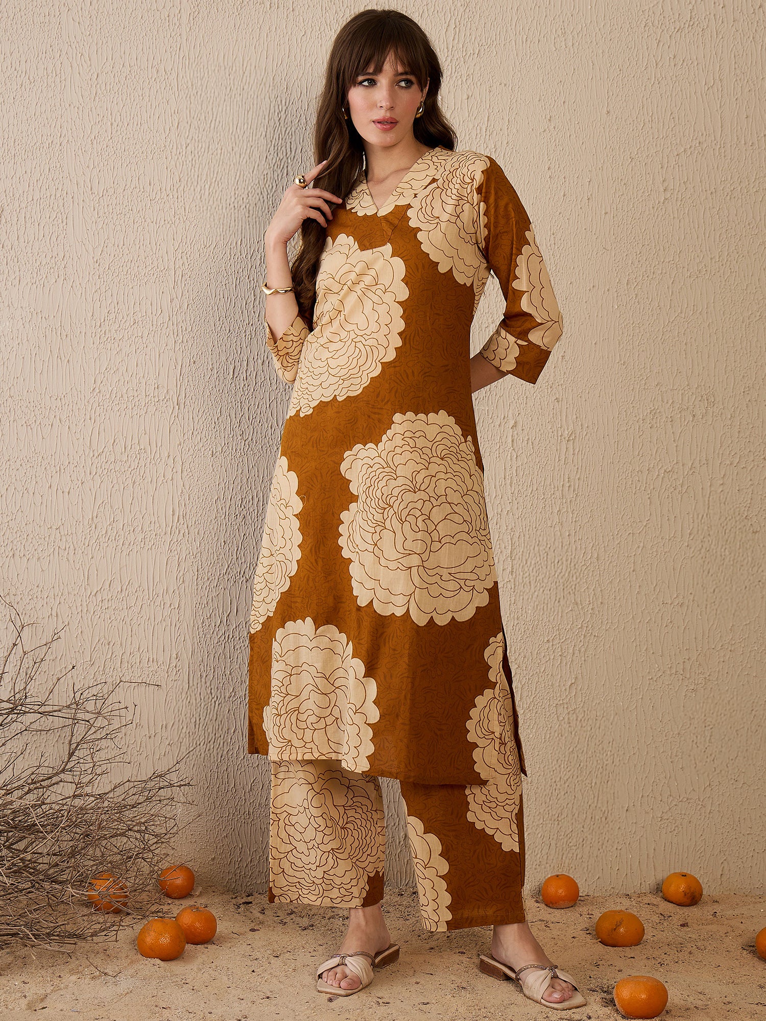 Women Mustard Printed Straight Kurta Trousers  Set