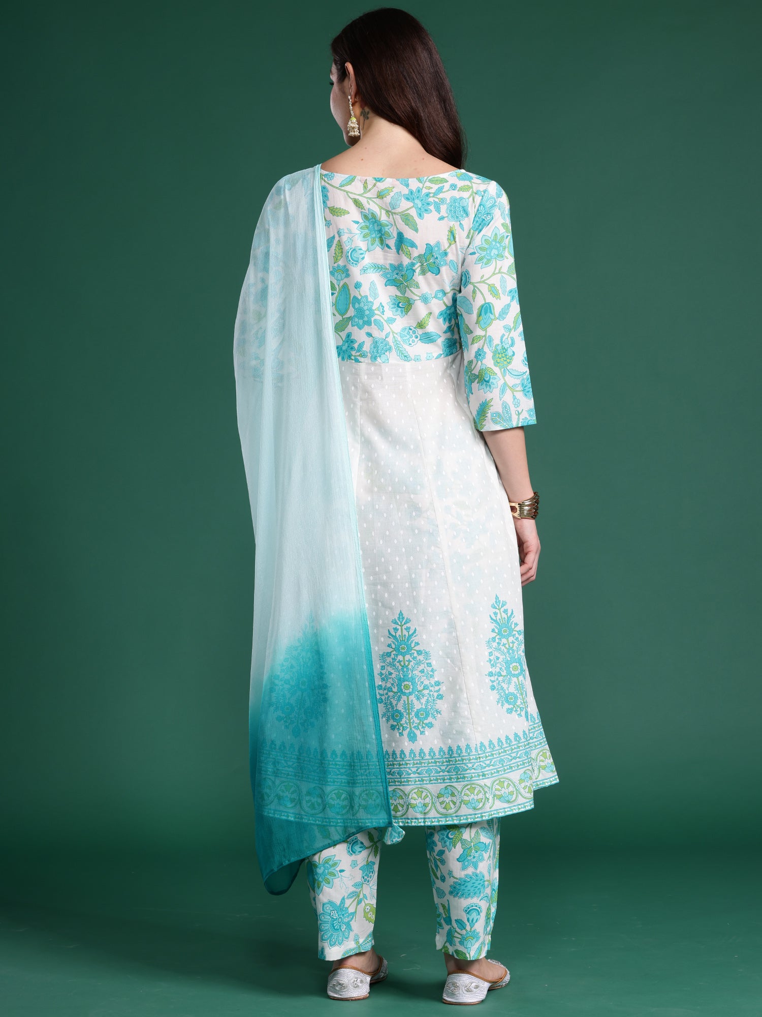 Women White Printed Anarkali Kurta Trousers With Dupatta Set