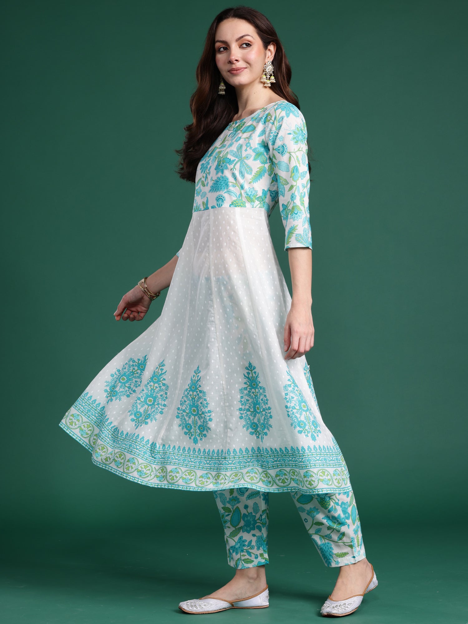 Women White Printed Anarkali Kurta Trousers With Dupatta Set