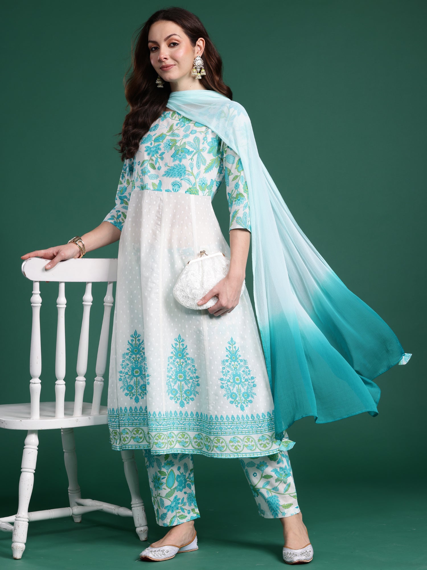 Women White Printed Anarkali Kurta Trousers With Dupatta Set