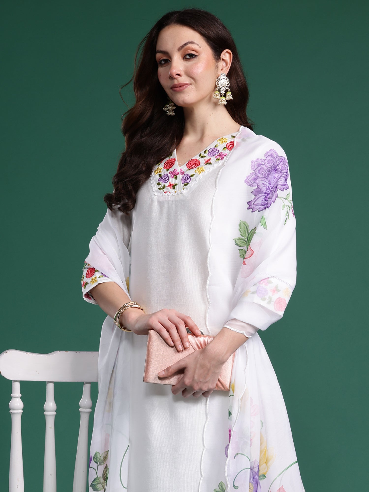 Women White Embroidered Straight Kurta Trousers With Dupatta Set