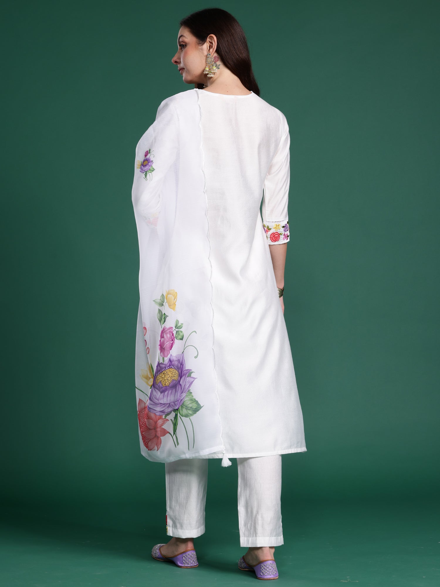 Women White Embroidered Straight Kurta Trousers With Dupatta Set