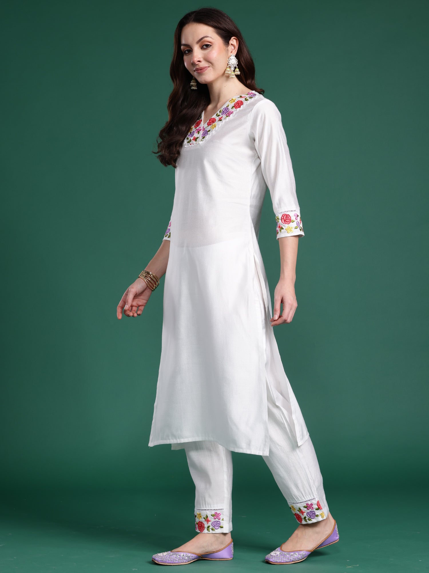 Women White Embroidered Straight Kurta Trousers With Dupatta Set