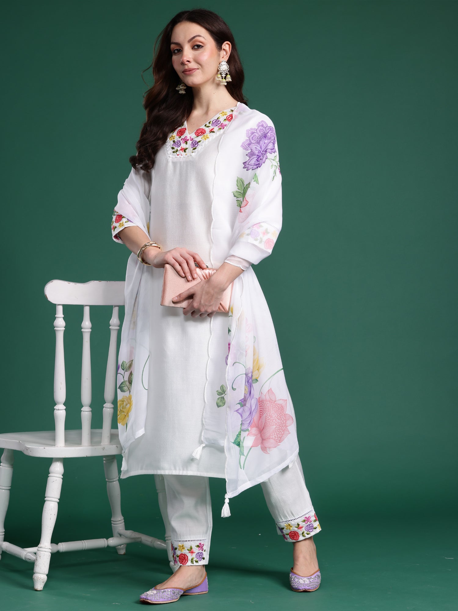 Women White Embroidered Straight Kurta Trousers With Dupatta Set