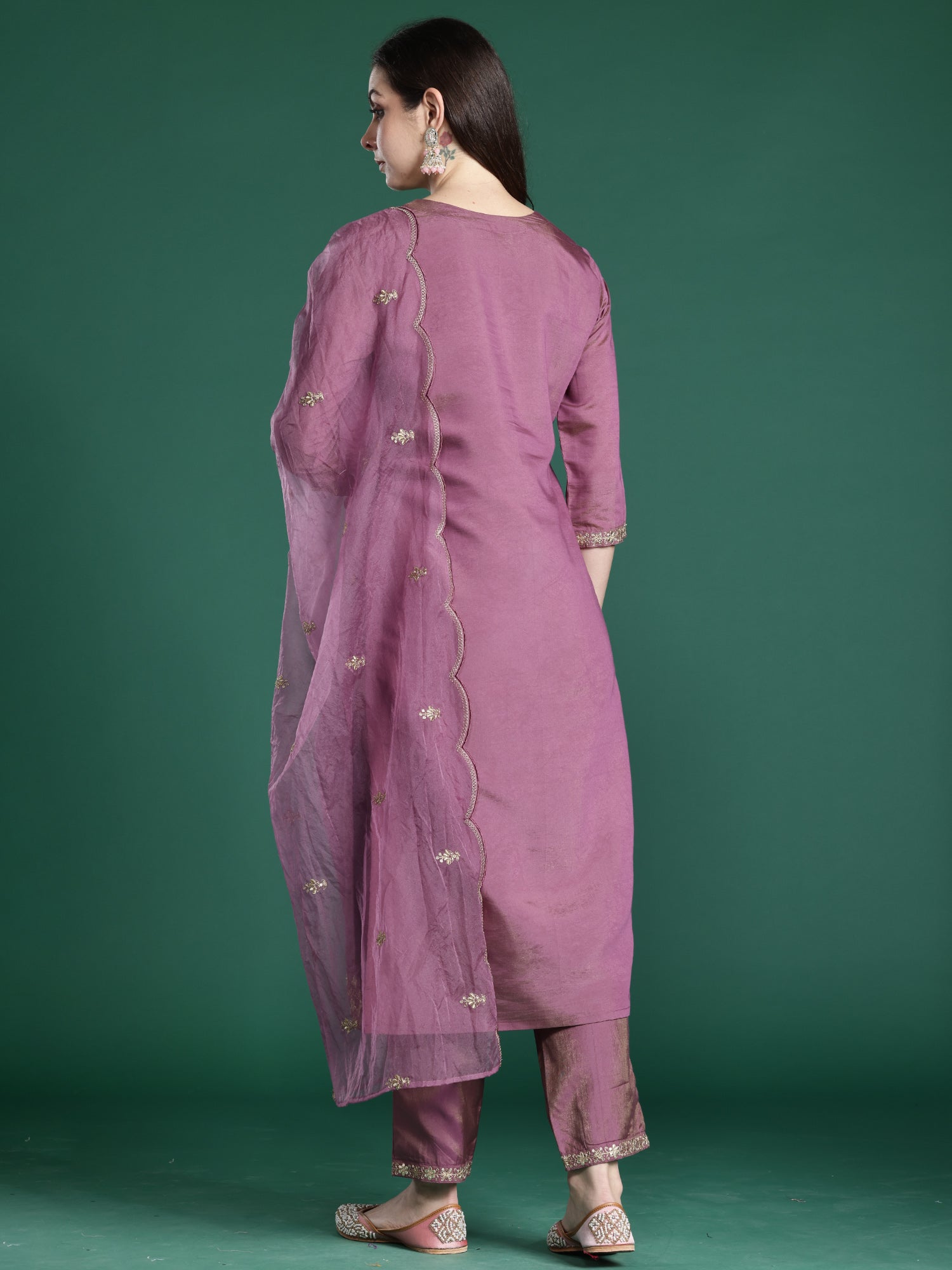 Women Lavender Embroidered Straight Kurta Trousers With Dupatta Set