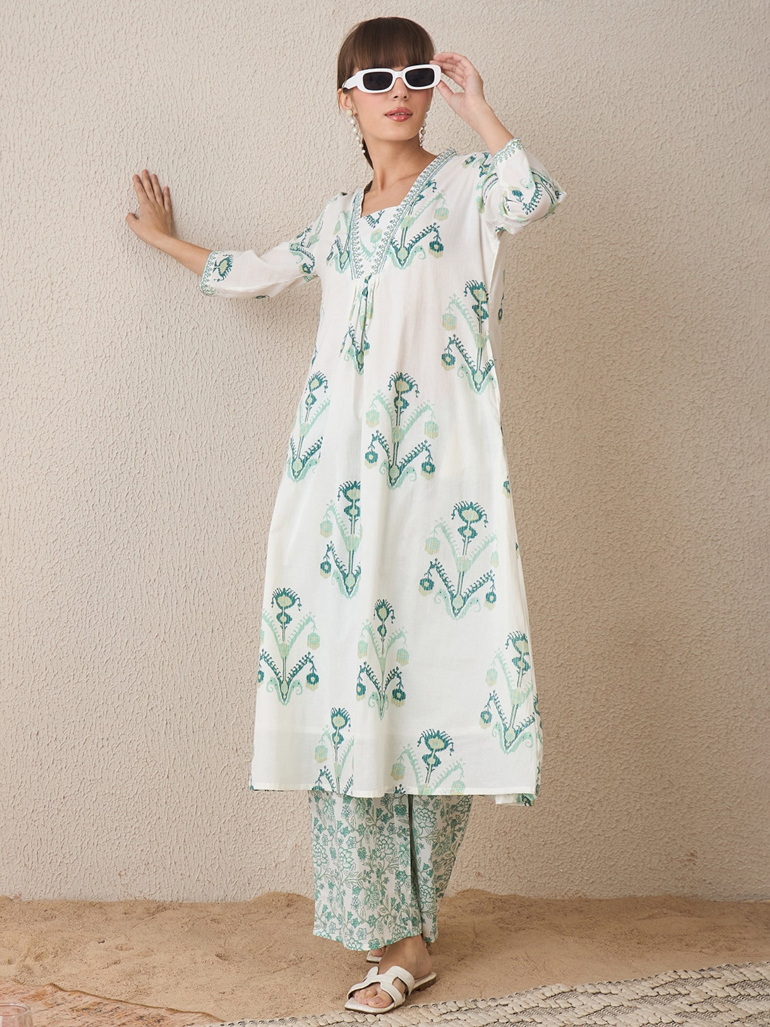 Women White Printed A-Line Kurta Palazzos Set